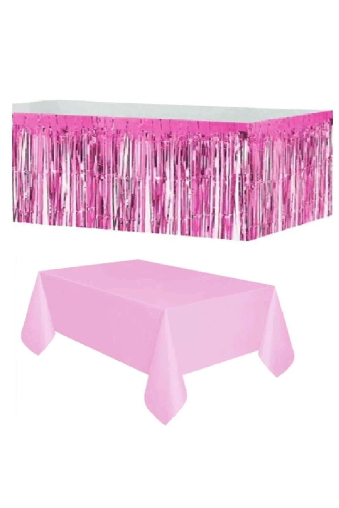 Plastik Pembe Masa Örtüsü - Pembe Metalize Masa Eteği Püskülü