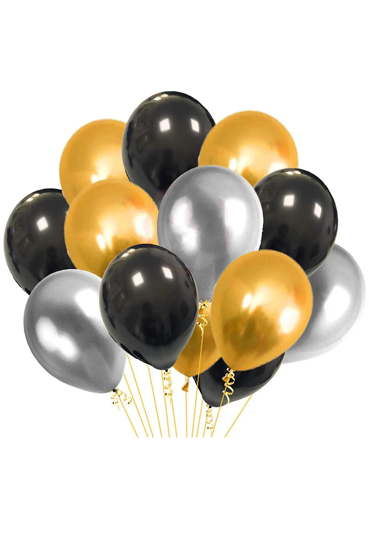 30 Adet Metalik Siyah,gümüş Gri,gold Altın Sarısı Parlak Balon Helyumla Uçabilen