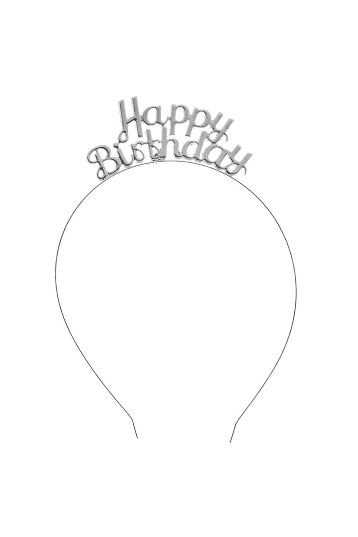 Happy Birthday Gümüş Yazılı Metal Parti Taç 18 Cm Doğum Günü Gri Renk Parti Tacı