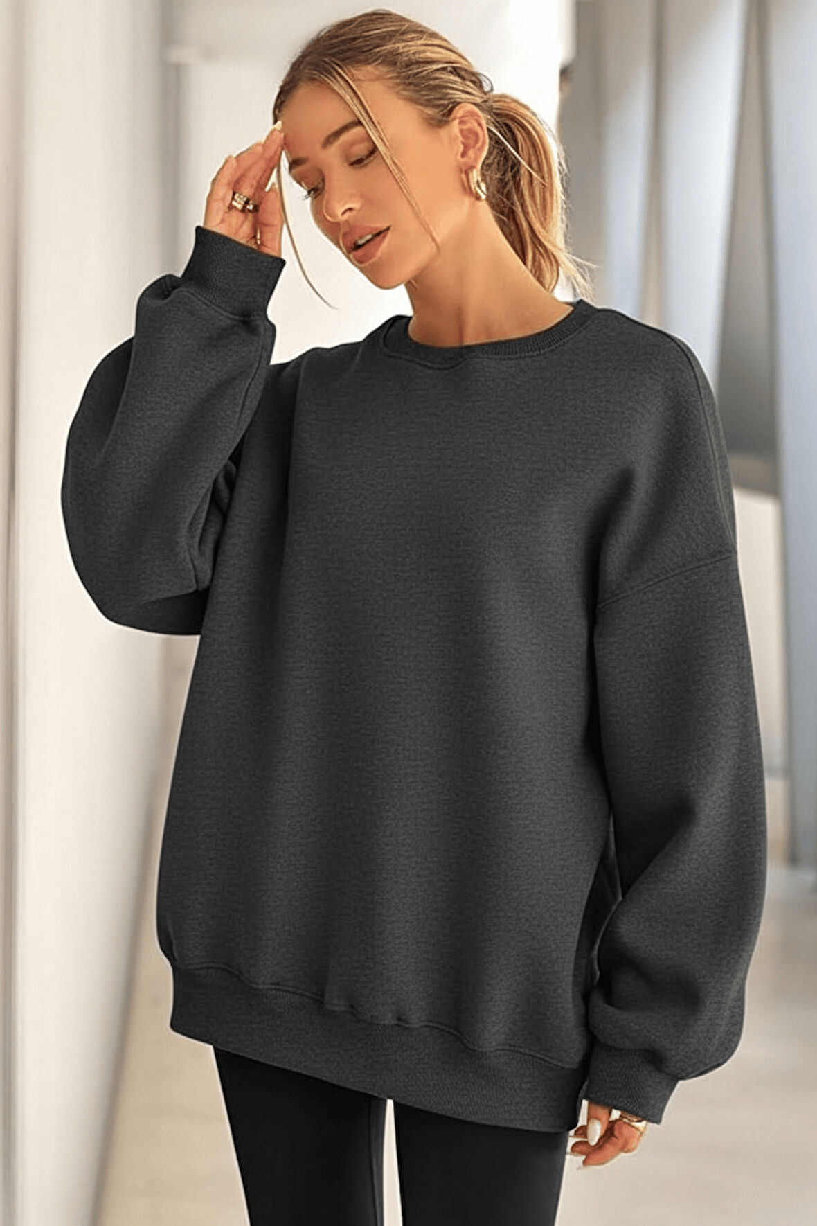 Genıus Store Kadın Sweatshirt Oversize Geniş Kalıp İçi Şardonlu Bisiklet Yaka Oversize Sweatshirt KADIN-SWEATSHIRT