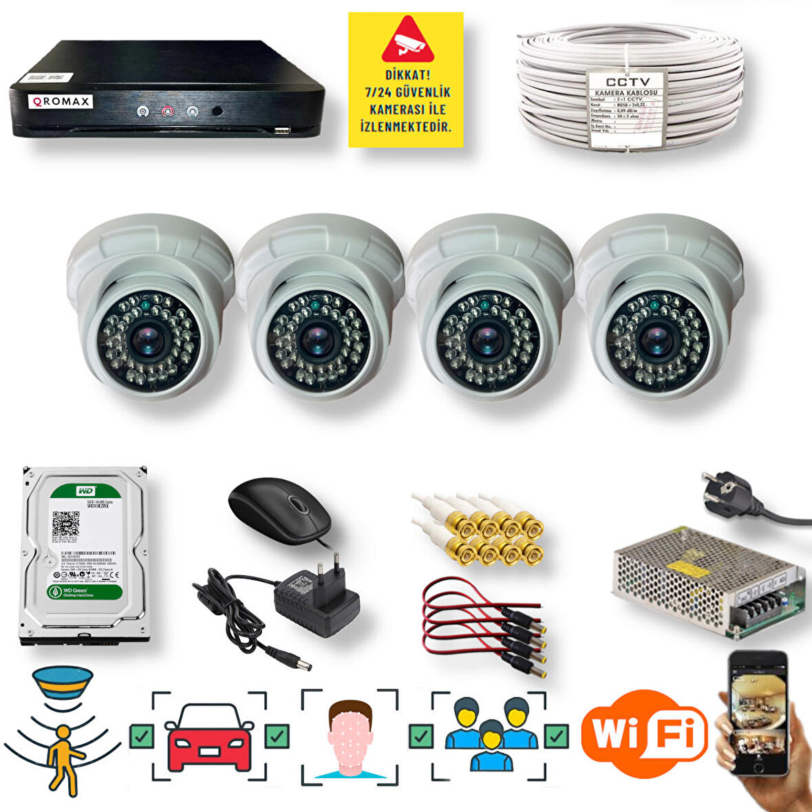 4 Kameralı Set - Araç İnsan Yüz Hareket Algılayan Gece Görüşlü 36 IR Led 5MP Sony Lensli 1080P Dome Güvenlik Kamerası Seti D136b-1