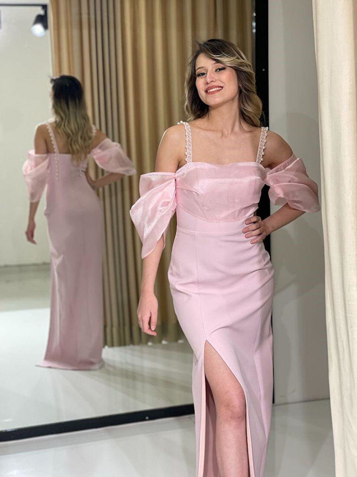 Pudra Balon Kollu Krep İp Askılı Yırtmaç Detaylı Yeni Sezon Abiye Elbise Ht5044 5044