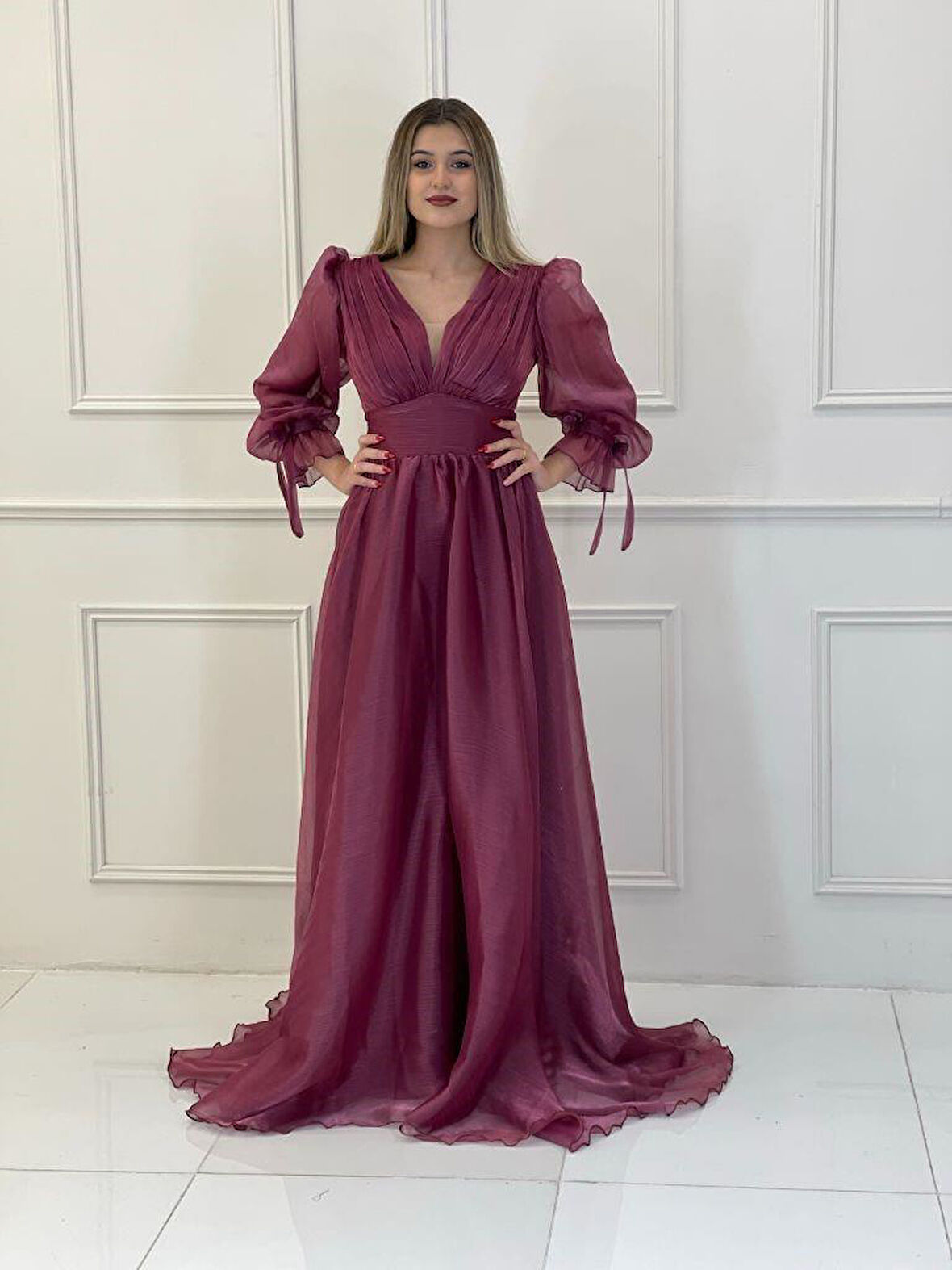 BORDO Balon Kollu Üst Pliseli Kemer Robalı Yeni Sezon Abiye Elbise En4885 4885