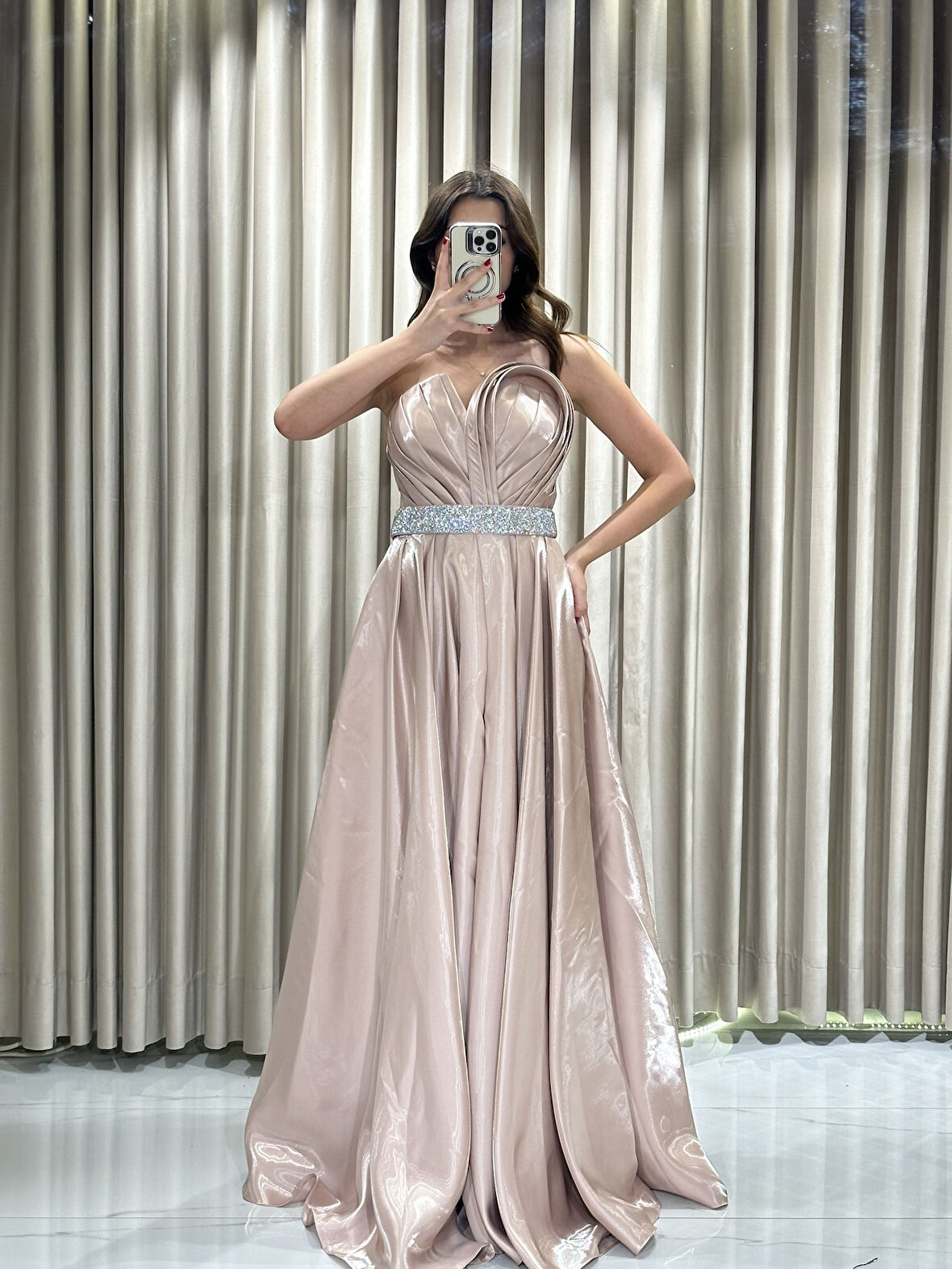 Straplez Önü Taş Kemer Detaylı Prenses Model Abiye Elbise DS722