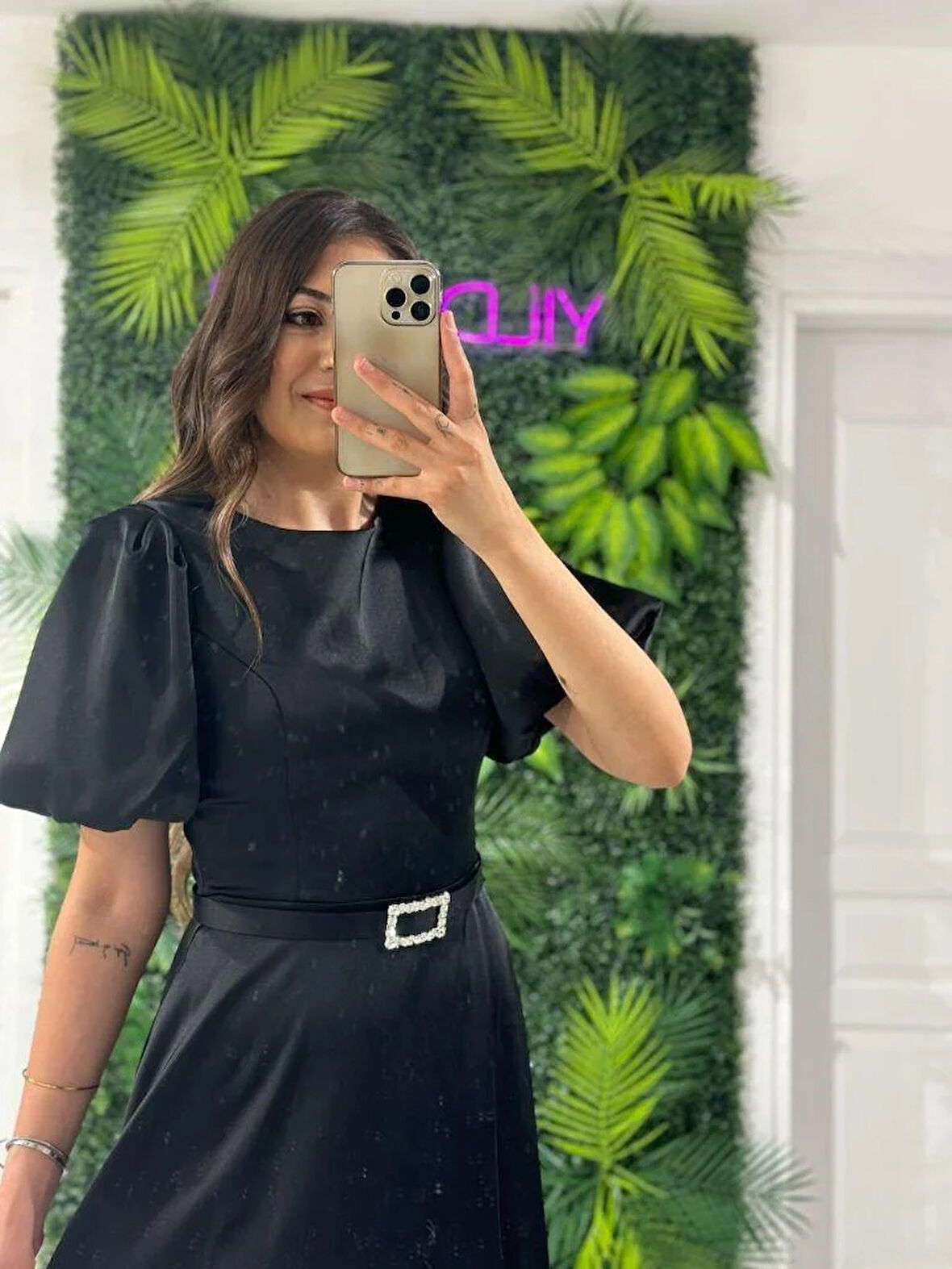 Siyah Yuvarlak Yaka  Balon Kollu Beli Seyyar Kemerli Kiloş Midi Yeni Sezon Abiye Elbise Ds1232 1232