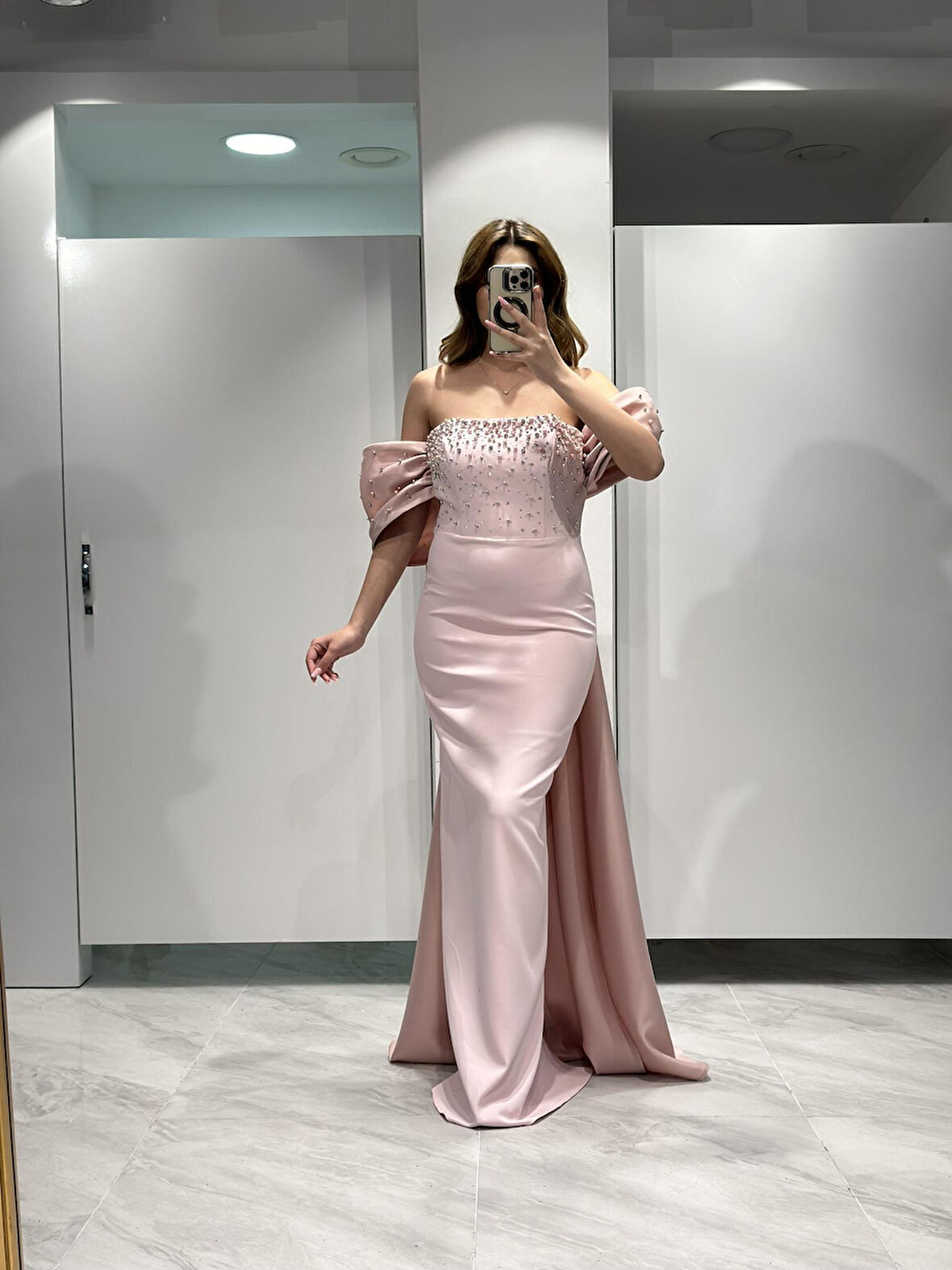 Pembe İnci Çakma Detaylı Krep Abiye Elbise RK5200