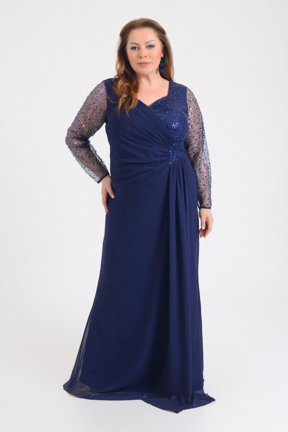 Lilas XXL Kadın Büyük Beden Şifon Uzun Abiye Elbise 9651 Lacivert