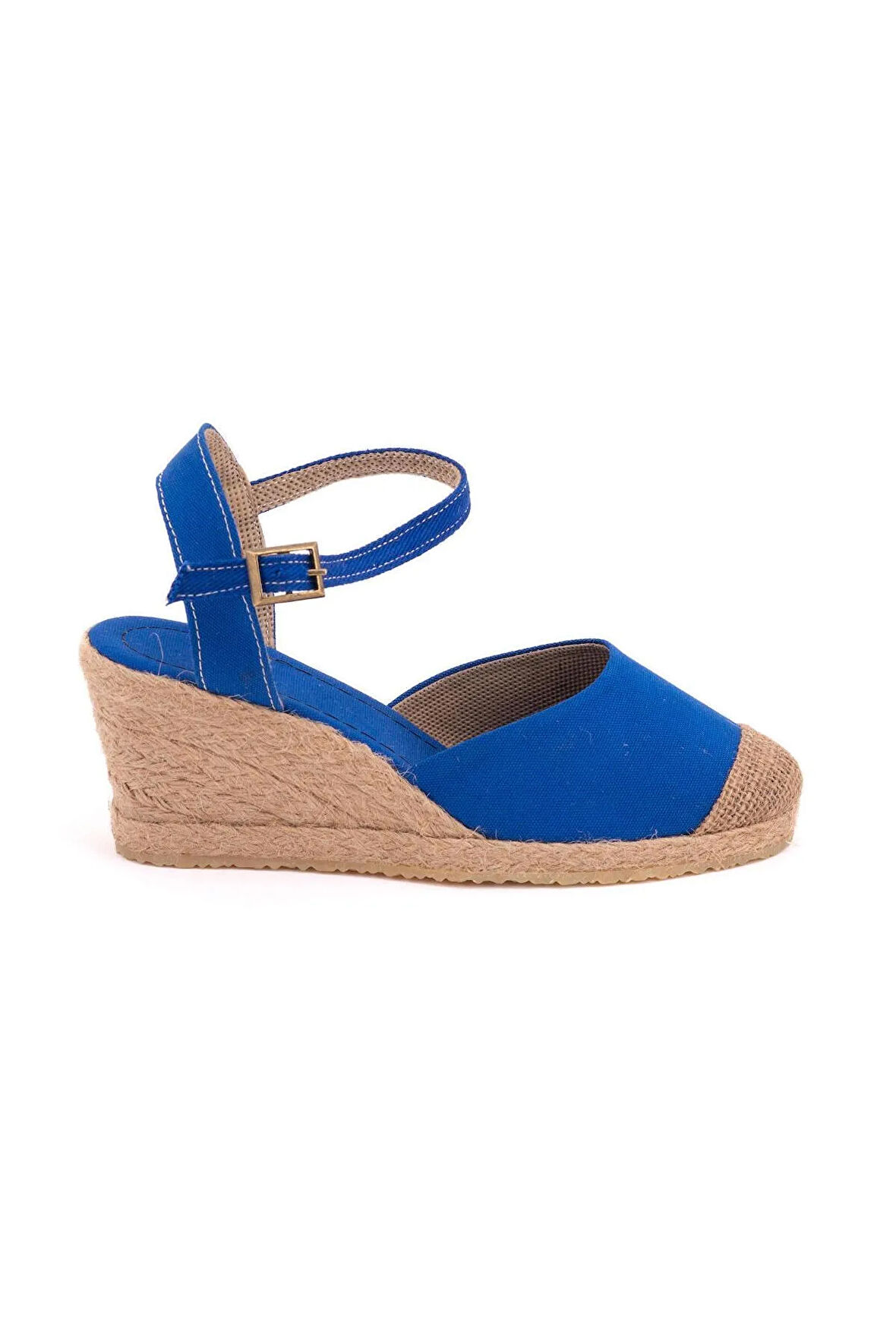 Gerçek Elişi Topuğu Açık Bilekten Bantlı Dolgu Topuk Keten Hasır Espadril Handmade