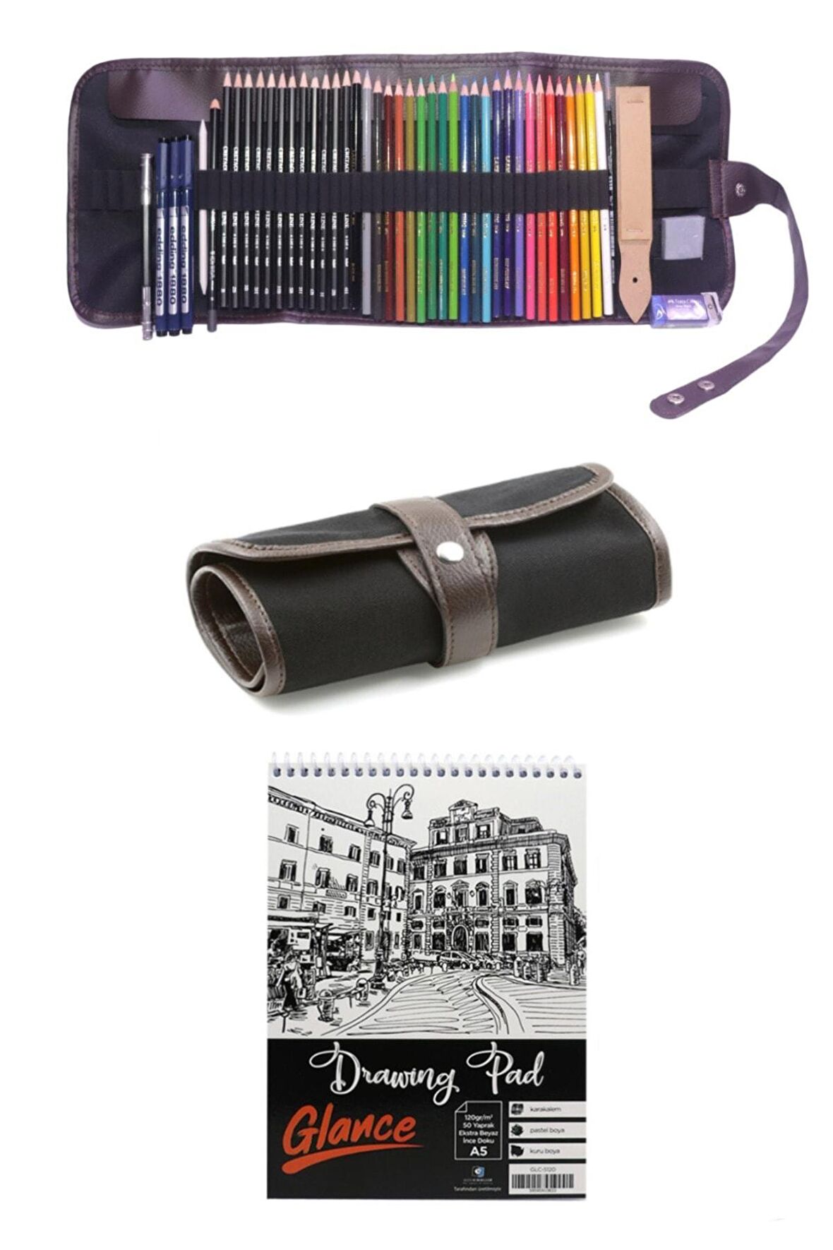 A5 Eskiz Defterli Cretacolor Dereceli Kalem Studioline Derwent Lakeland Watercolour Rulo Çanta Set