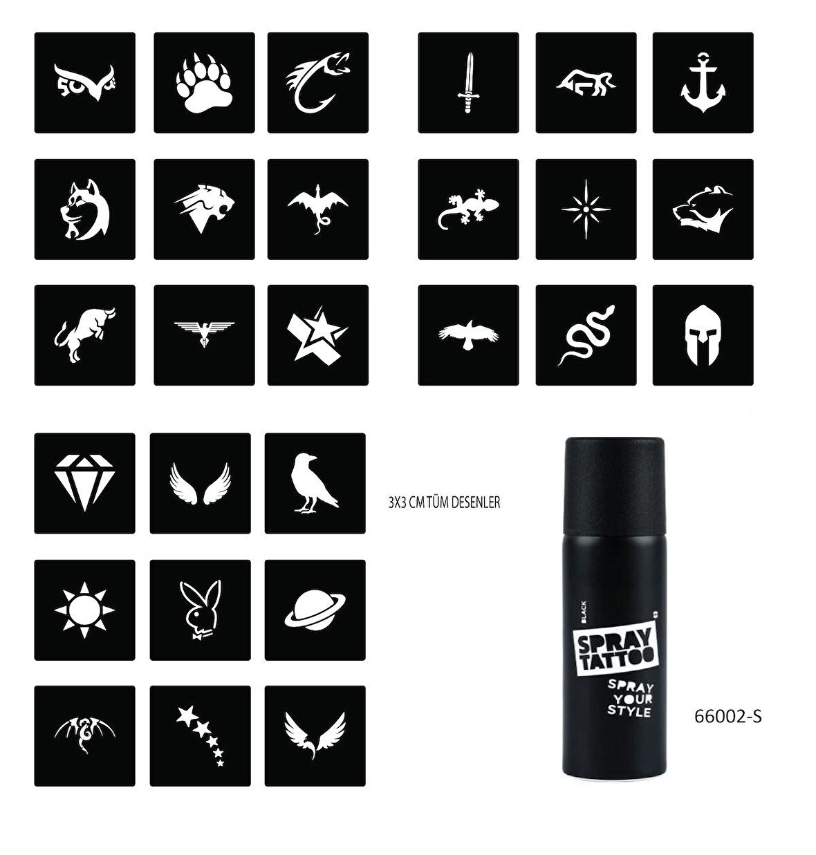 Minimal 27 Desen ve Spray Tattoo Geçici Sprey Dövme Seti 