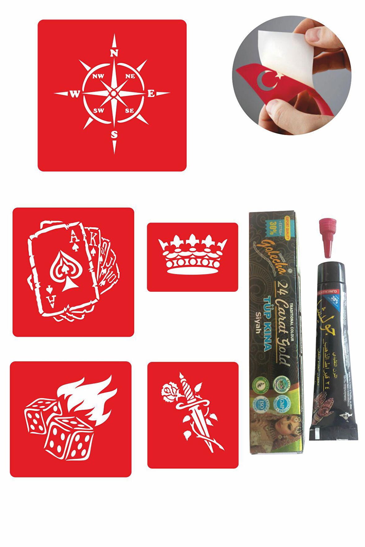 Rota ve Şans Desenleri Hint Kınası ile Geçici Dövme Yapma Seti