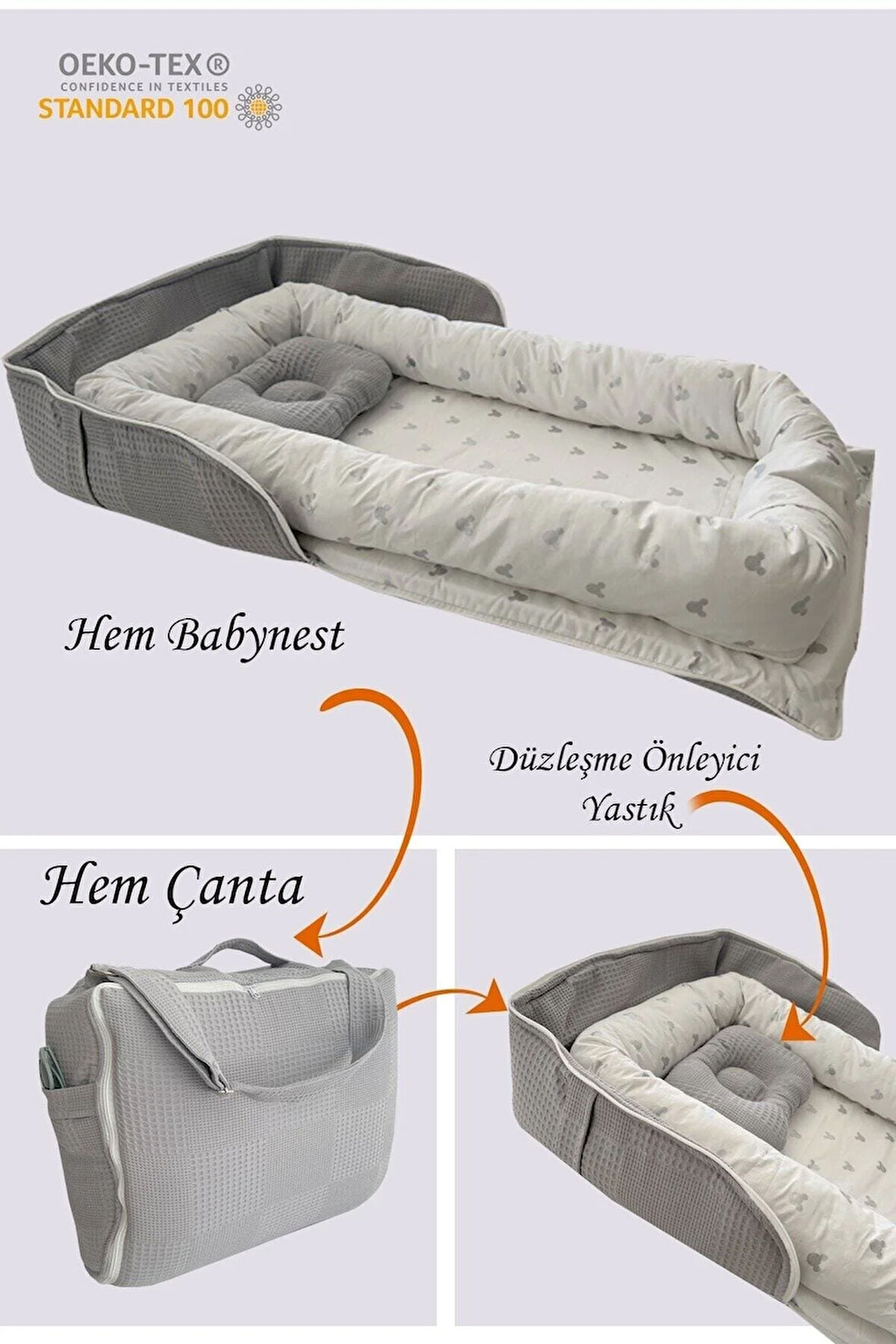 Babynest Gri Waffle Micky Desenli Çantalı Babynest Bebek Çantası Taşınabilir Anne Yanı Yatağı