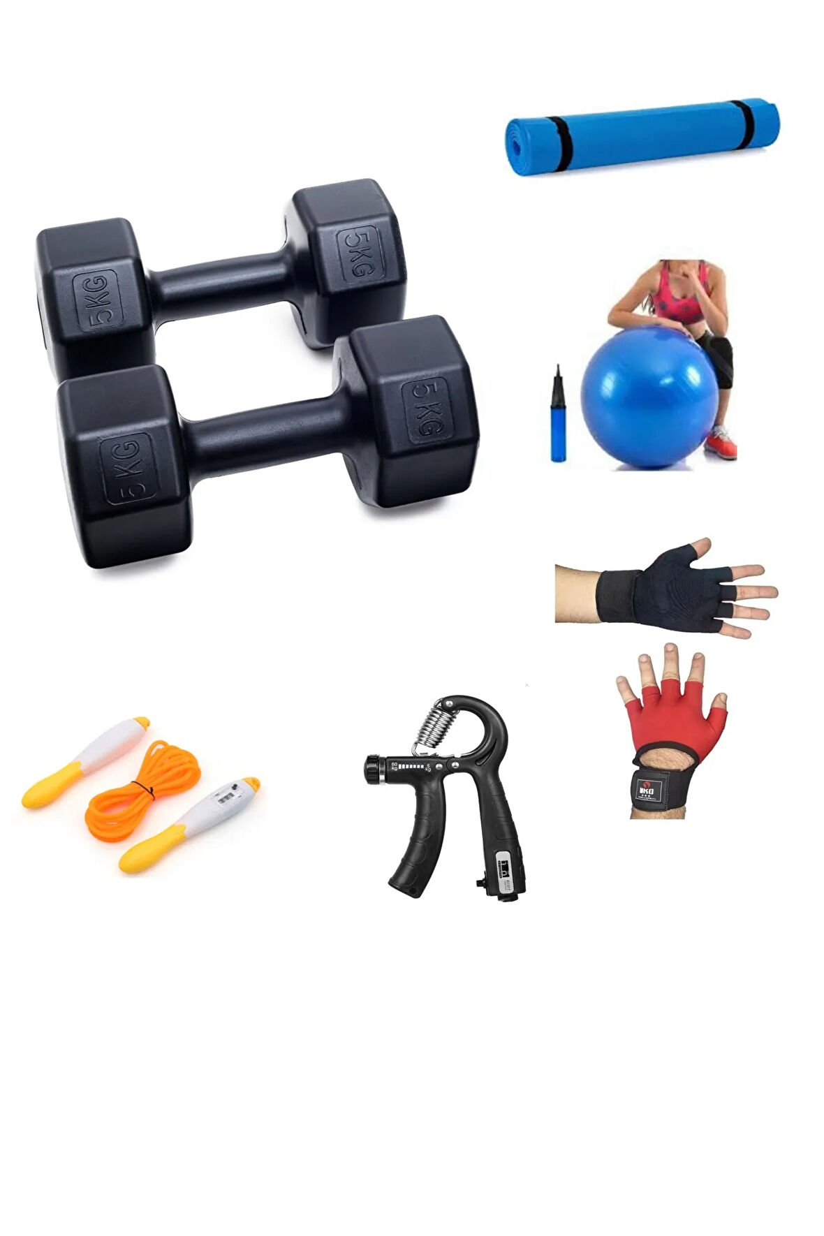 PS SPOR 5 KG DAMBIL X 2 ADET = 10 KG + 5 ÇEŞİT PLASTES VE EGZERSİZ SETİ