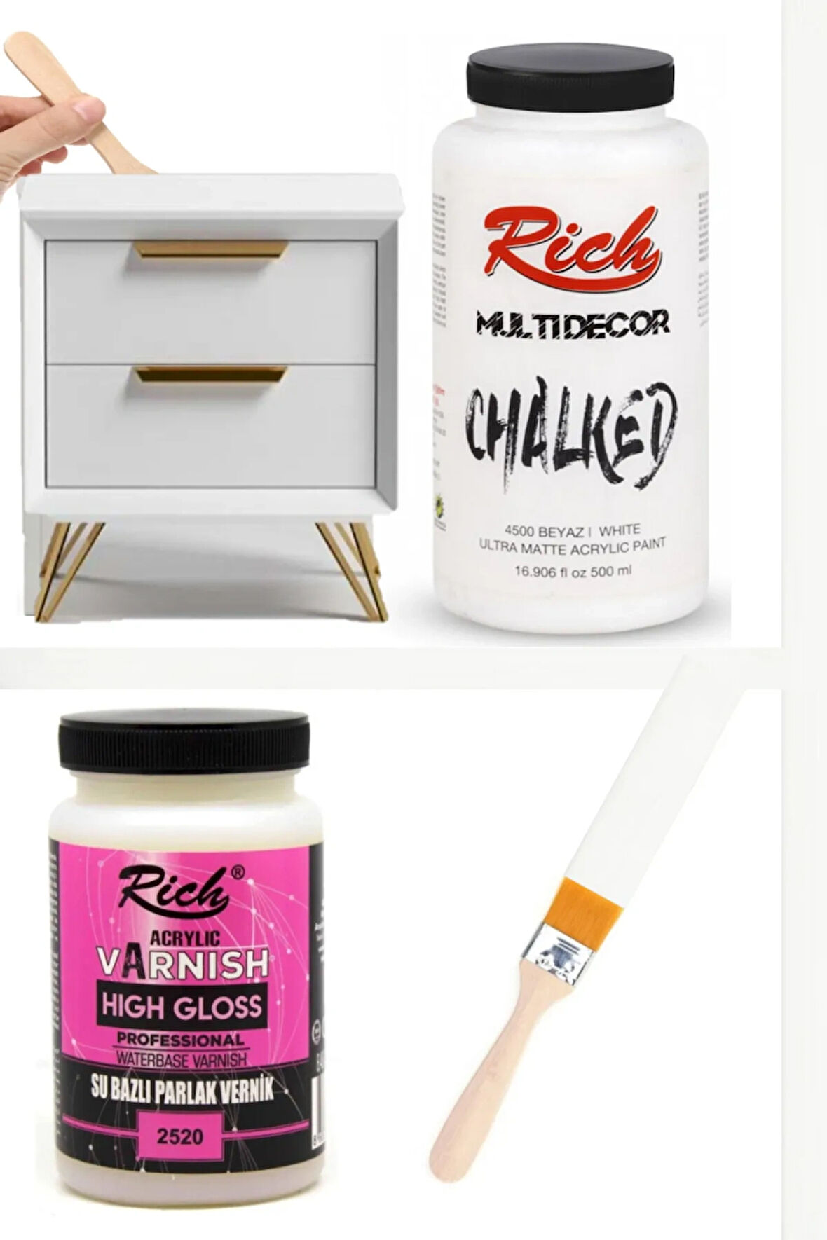 Rich Multi Decor Chalked 500ml Beyaz Akrilik Boya Parlak Vernik High Gloss 250 Cc Fırça Set