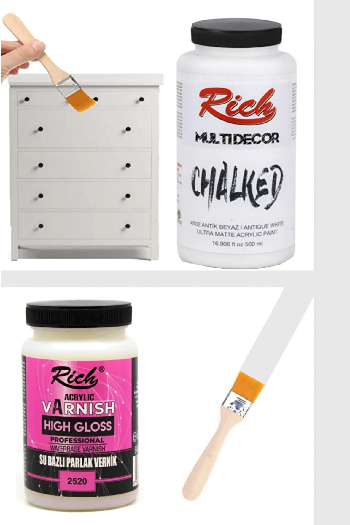 Rich Multi Decor Chalked 500ml Antik Beyaz Akrilik Boya Parlak Vernik High Gloss 250 Cc Fırça Set