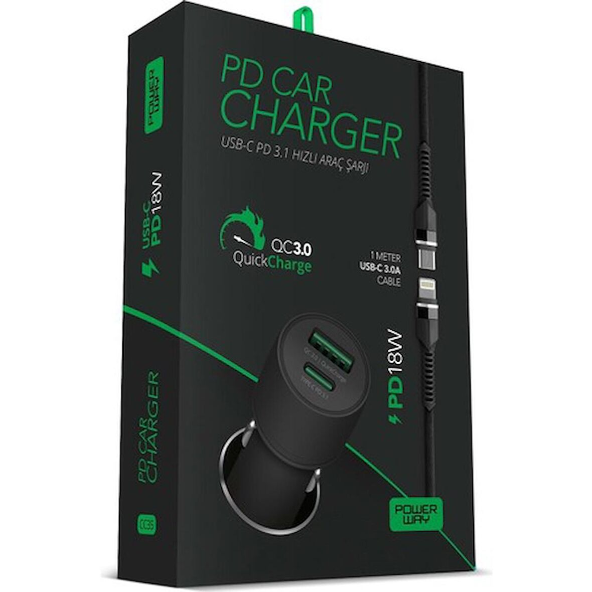 Powerway PD20W 3100 Amper Type-C To Lıghtıng Hızlı Şarj Araç Şarj Seti CC35