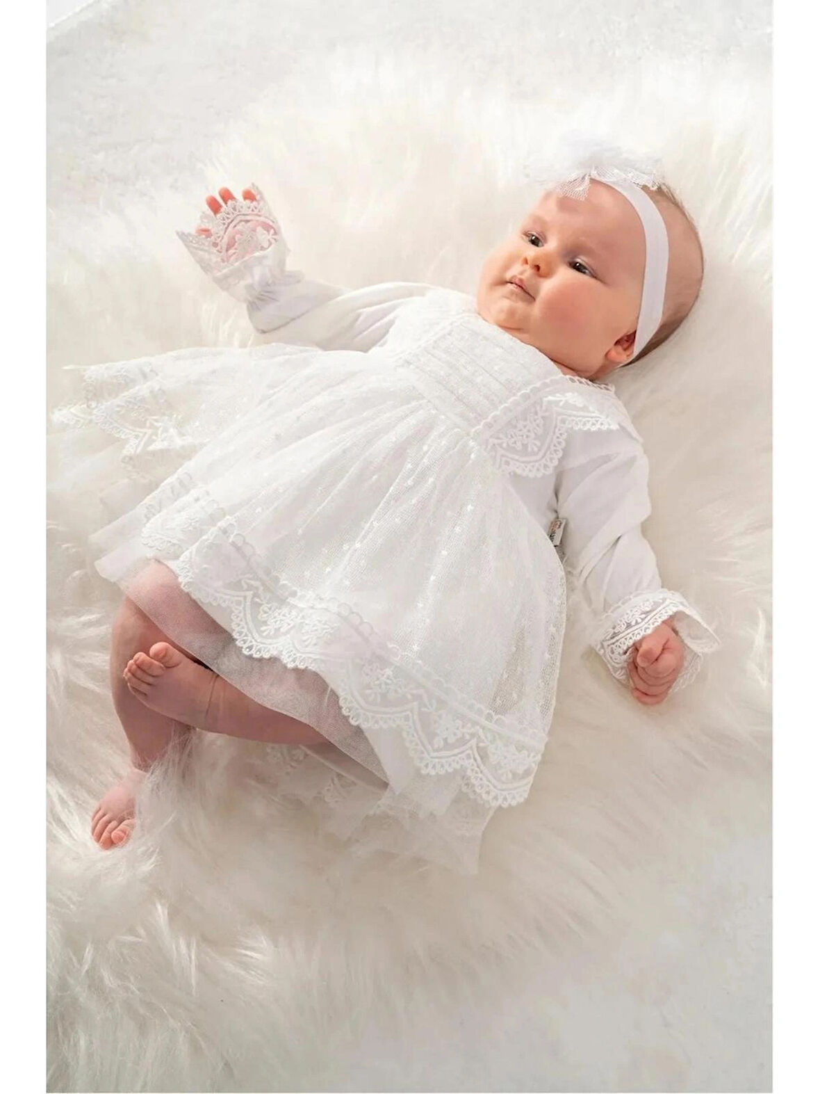 Kız Bebek Mevlüt Elbisesi Gelinlik Fransız Dantelli Mevlit Takımı Bebek Mevlütlük Seti
