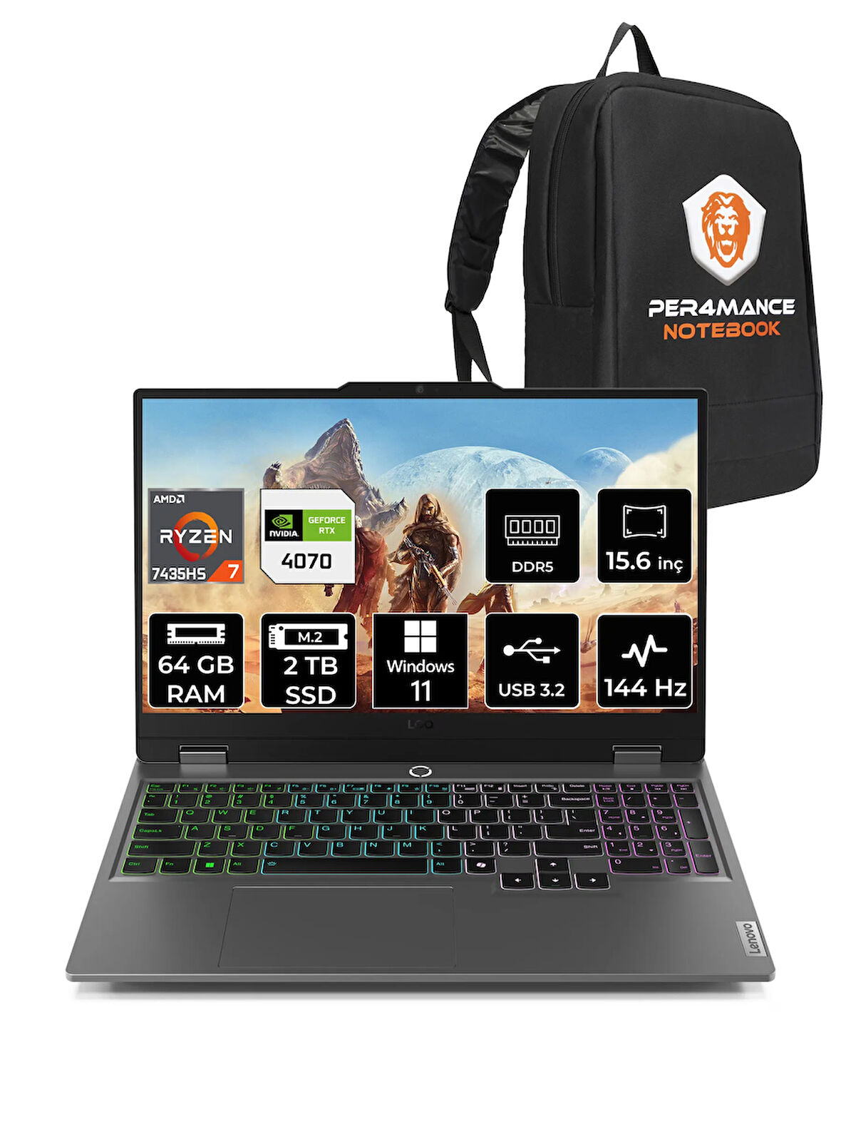 Lenovo LOQ R7 7435HS 64GB 2TB SSD RTX4070/8GB 115W 144Hz FHD 15.6" W11H Gaming Laptop & PER4 ÇANTA