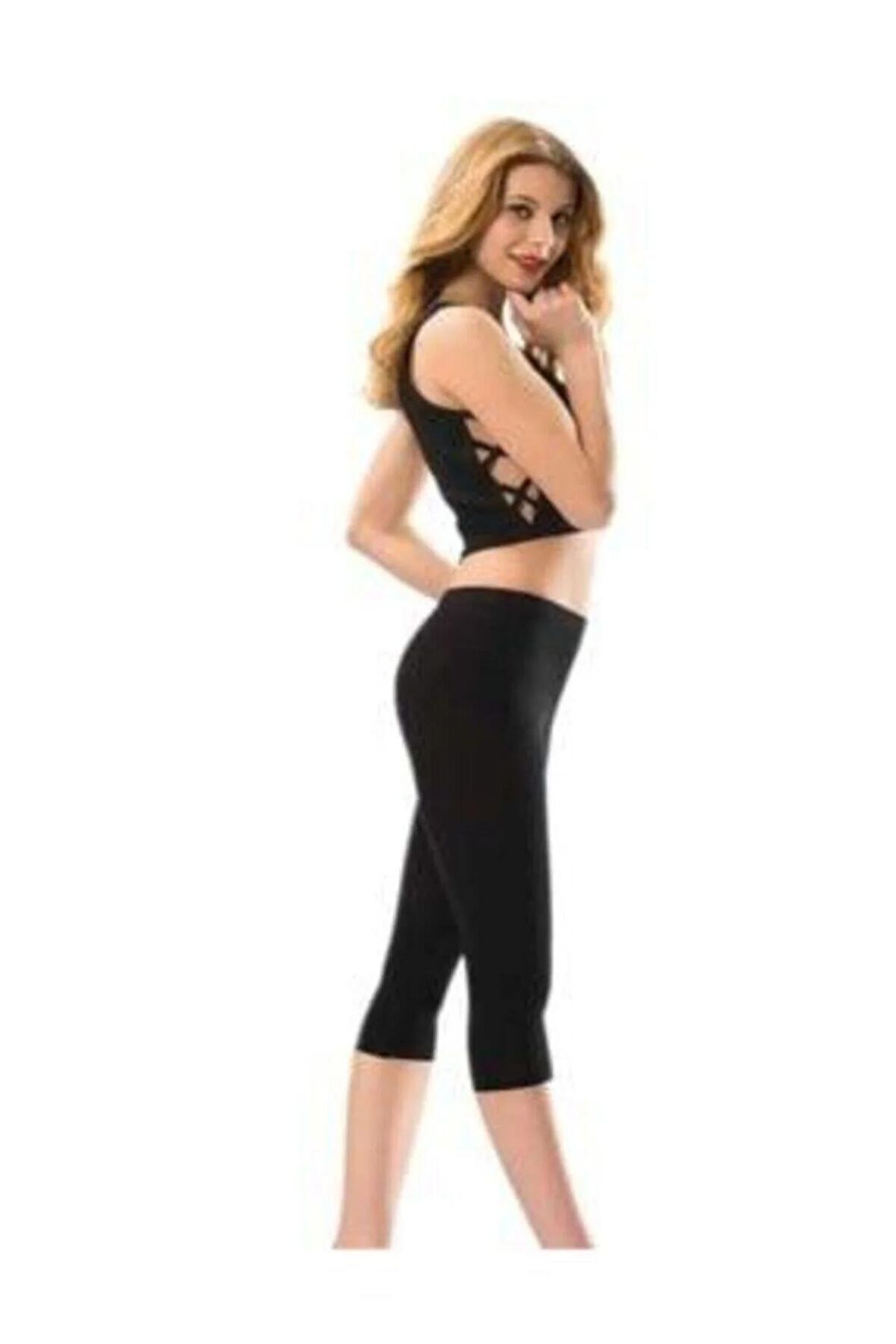 Kadın Siyah Penye Elastan Düz Desensiz Yüksek Bel Dizaltı Kapri Tayt