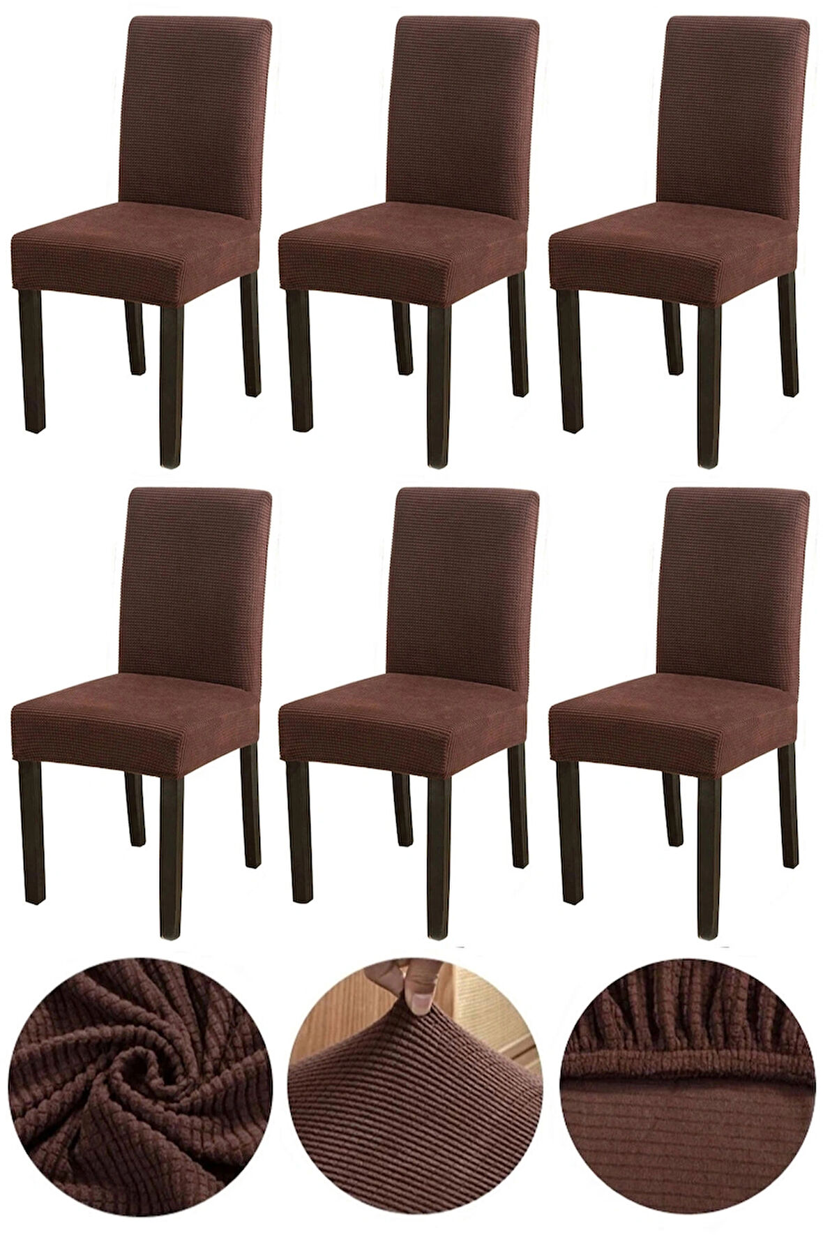 Bambu Nano Kumaş Likralı Yıkanabilir 6'lı Sandalye Kılıfı Lastikli Sandalye Örtüsü (6ADET) - KOYU KAHVE 