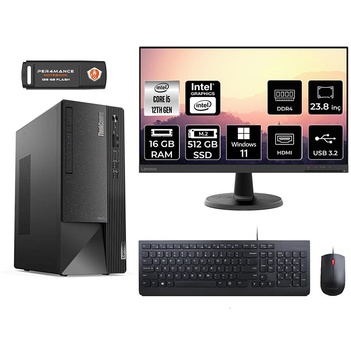 Lenovo ThinkCentre Neo 50T i5 12400 16GB 512GB SSD W11P 11SE00BJTX MASAÜSTÜ PC & 23.8" MONİTÖR