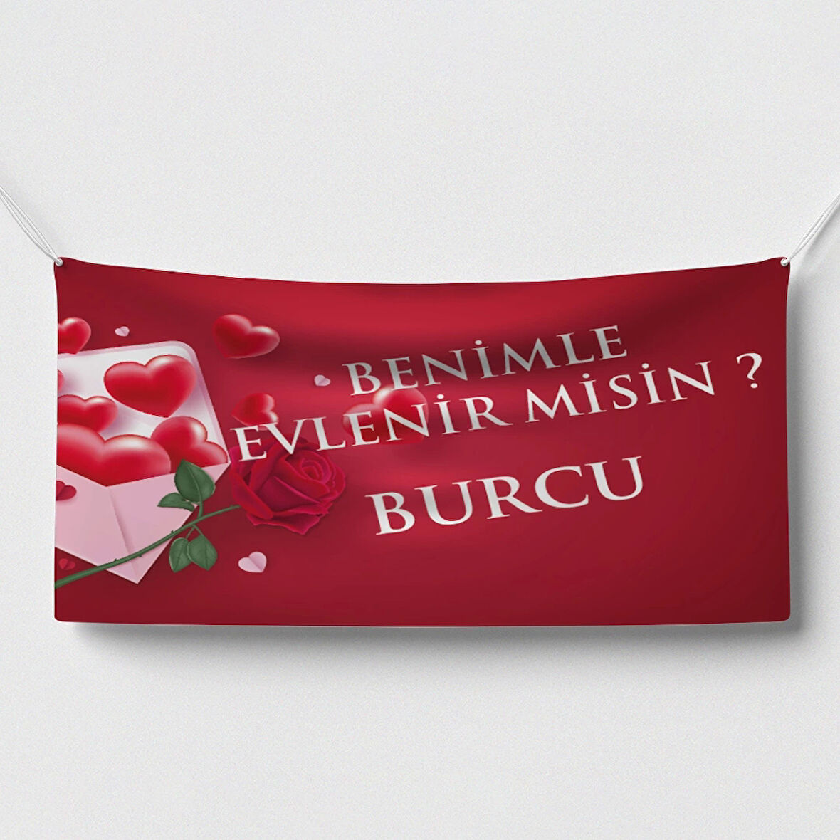 Kalp ve Gül Temalı Benilme Evlenir misin Afişi 200x100 Cm