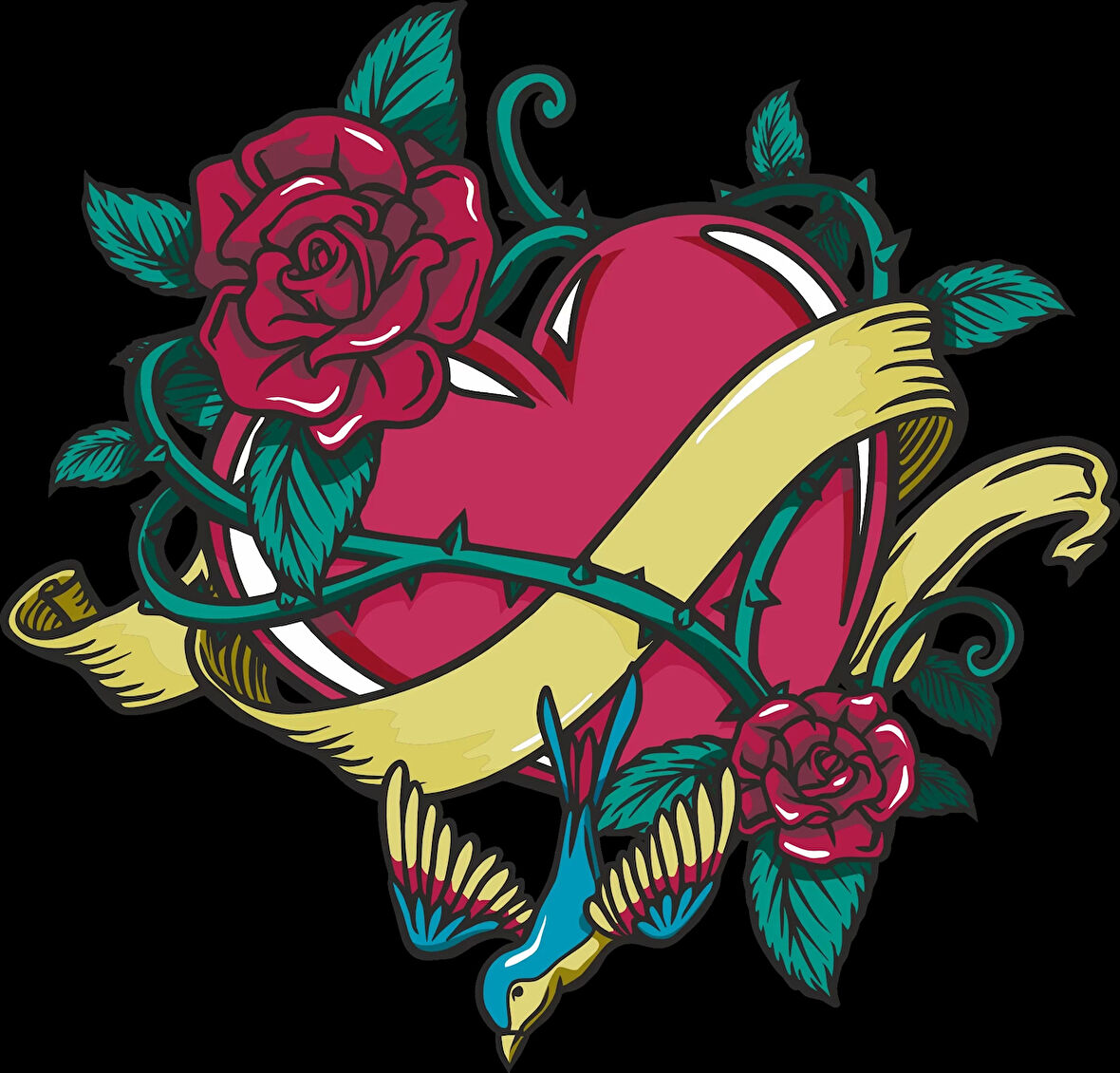 Sarmaşıklar Gül ve Kalp Sticker 10x10 cmRenkli Sticker