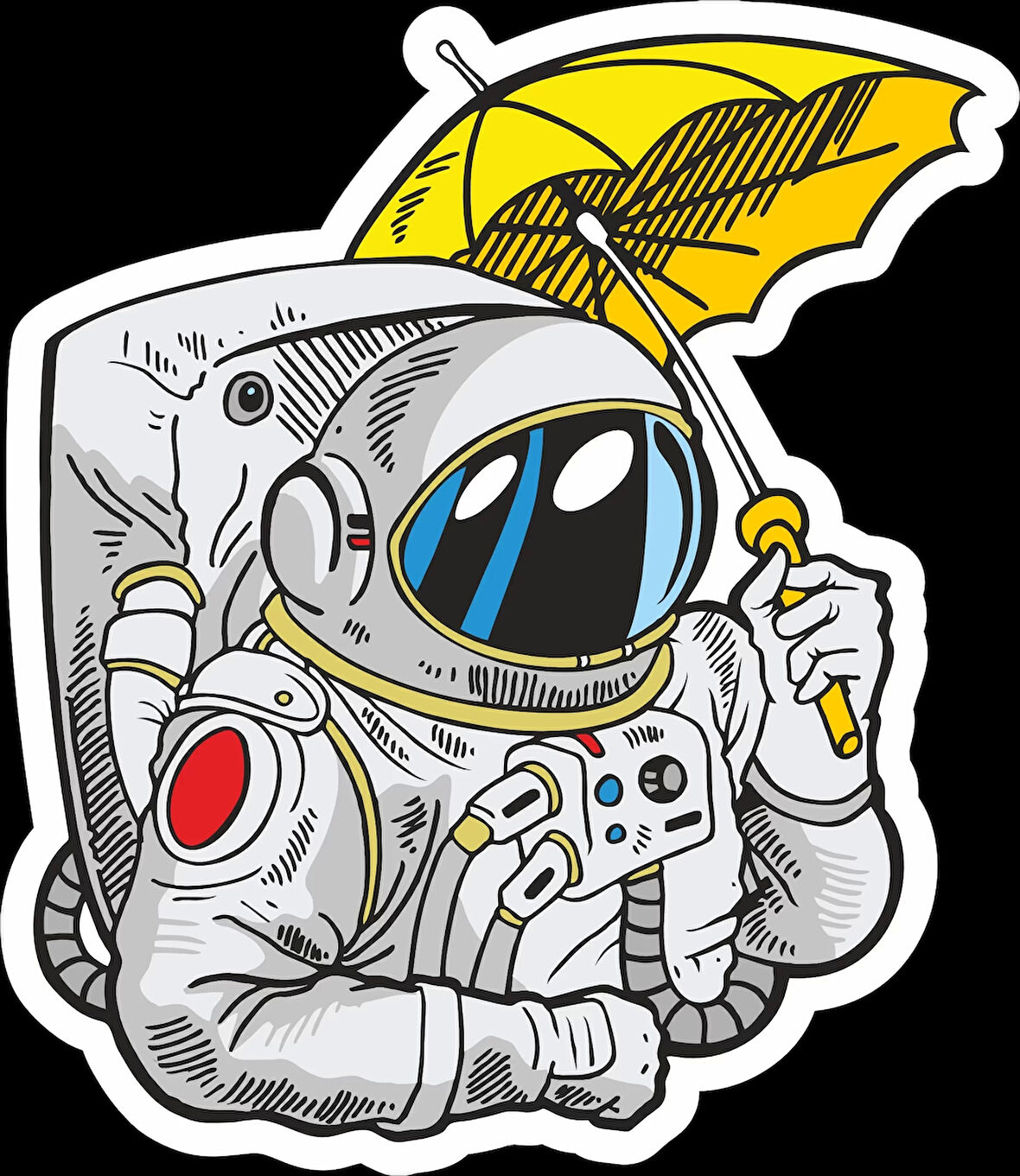 Şemsiye Tutan Astronot Sticker 10x10 cmRenkli Sticker