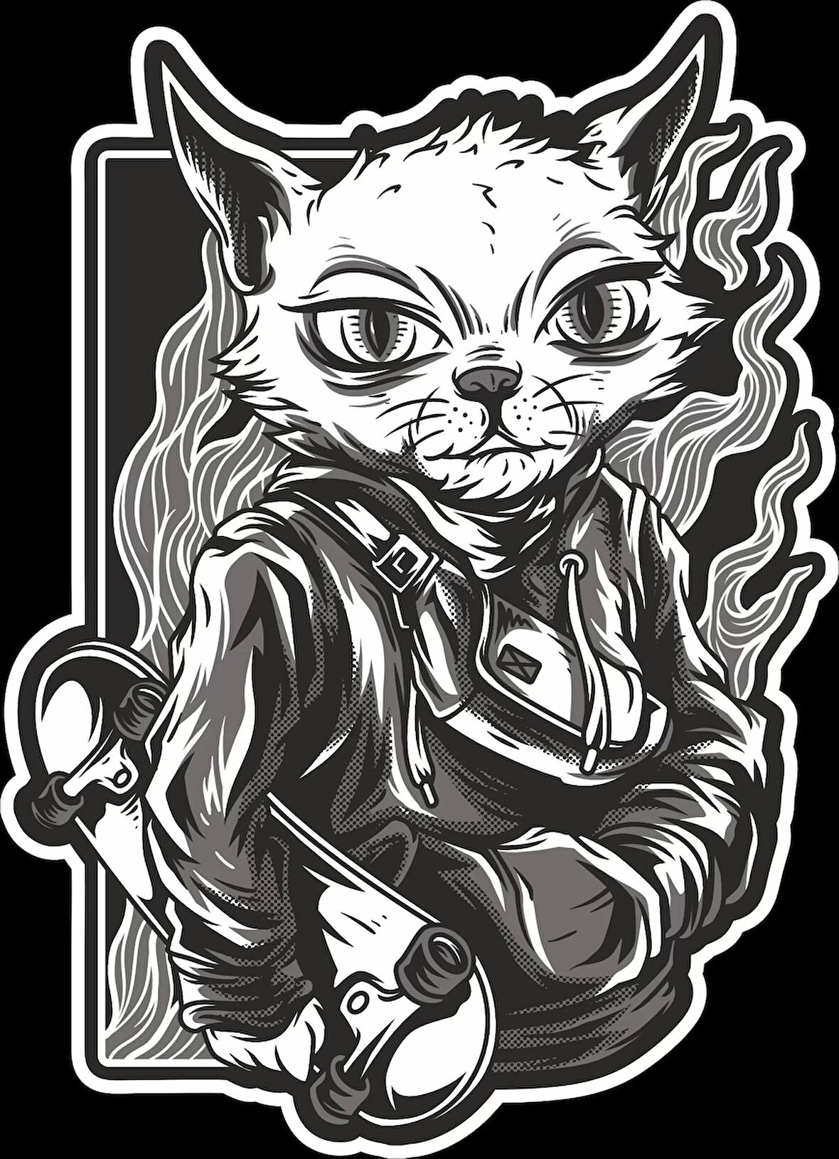 Kaykaylı Kedi Sticker 10x10 cmRenkli Sticker