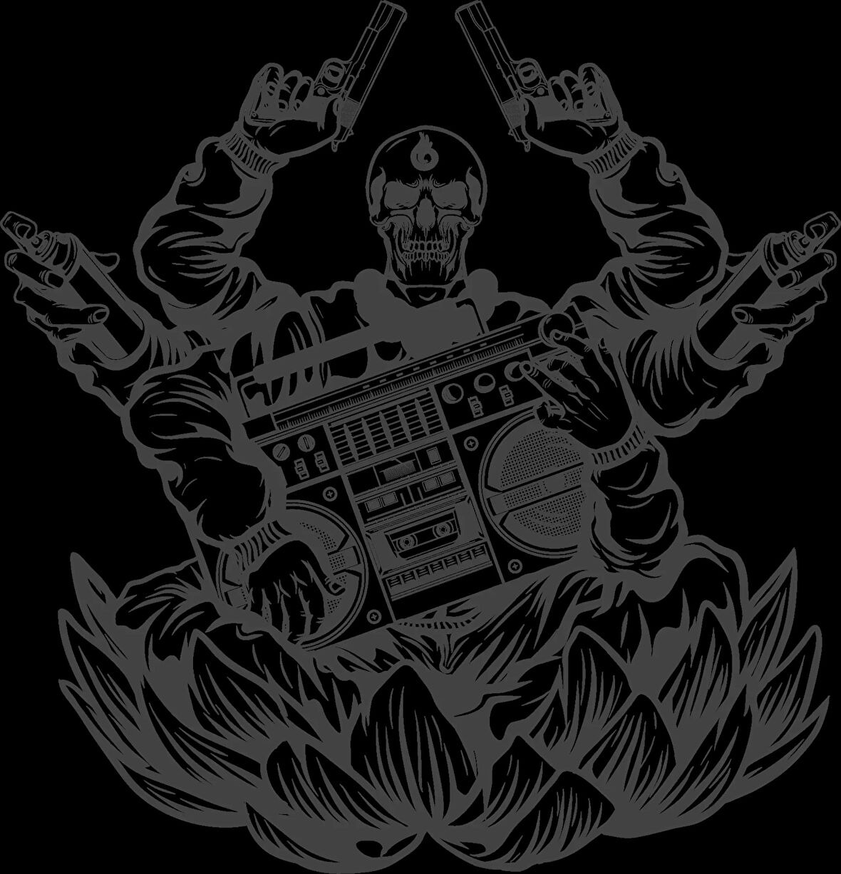 Radyo ve Silahlı iskelet Sticker 10x10 cmRenkli Sticker