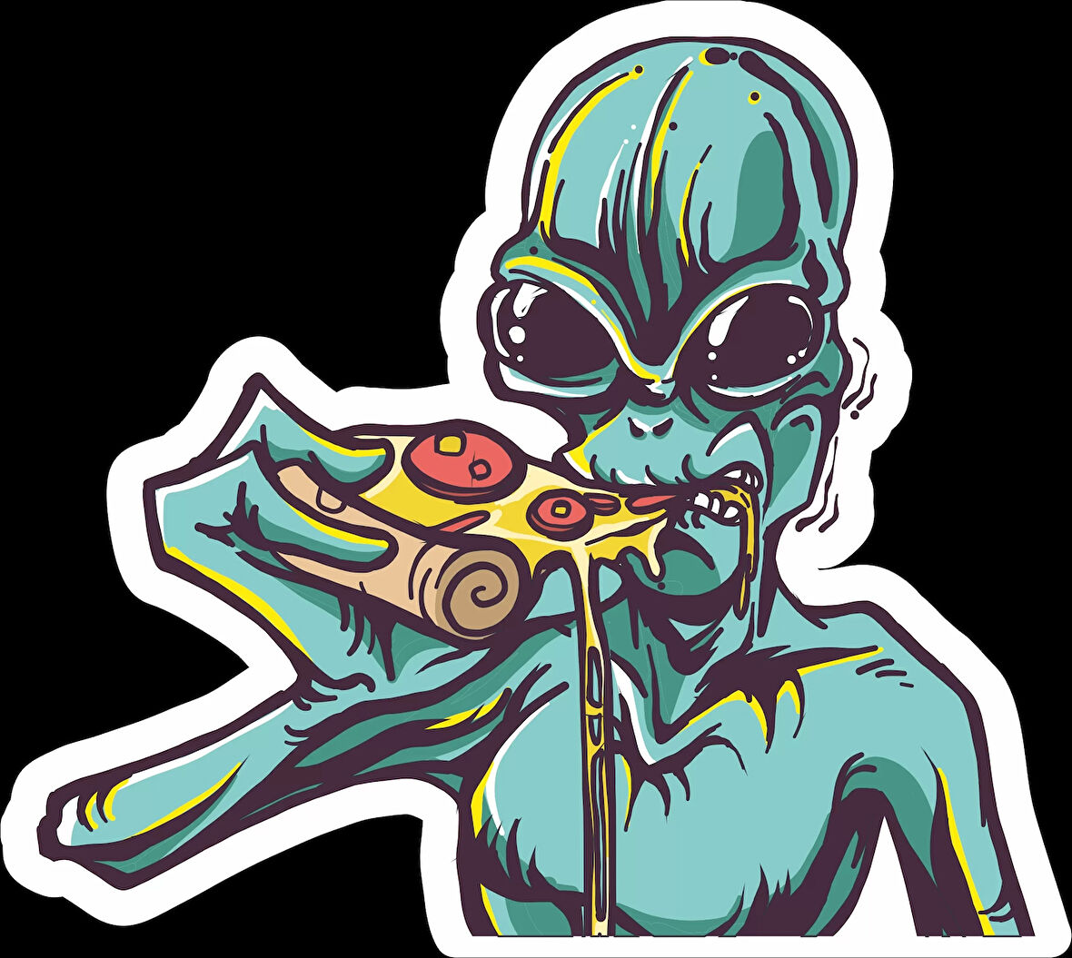 Pizza Yiyen Uzaylı Sticker 10x10 cmRenkli Sticker