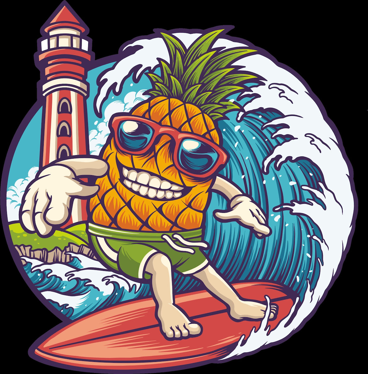 Sörf yapan ananas Sticker 10x10 cmRenkli Sticker