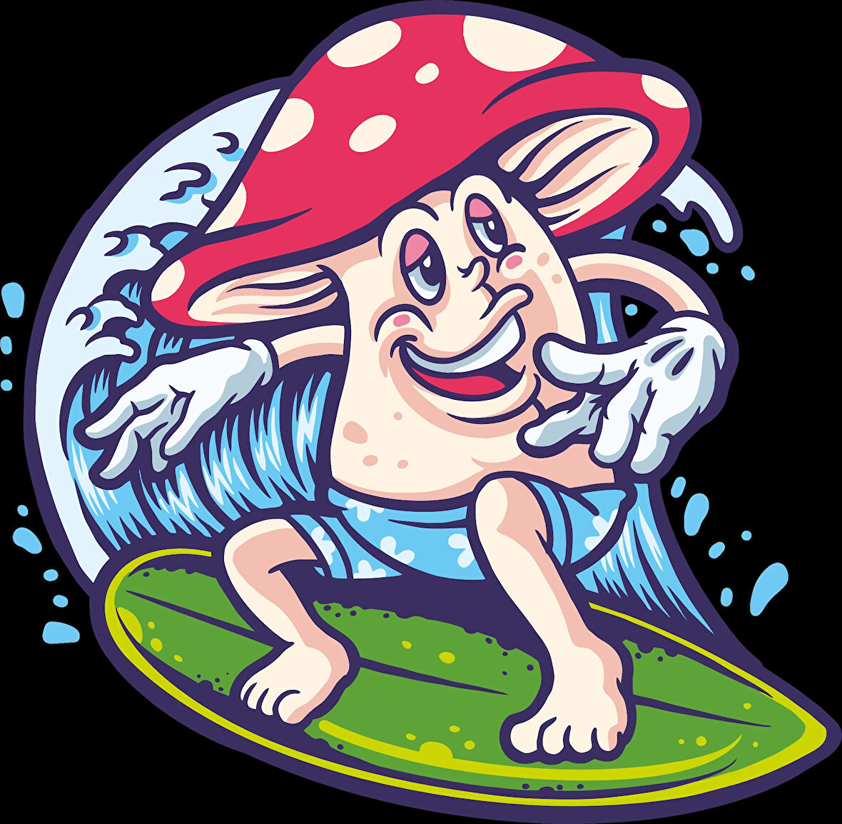 sörf yapan mantar sticker 10x10 cmRenkli Sticker