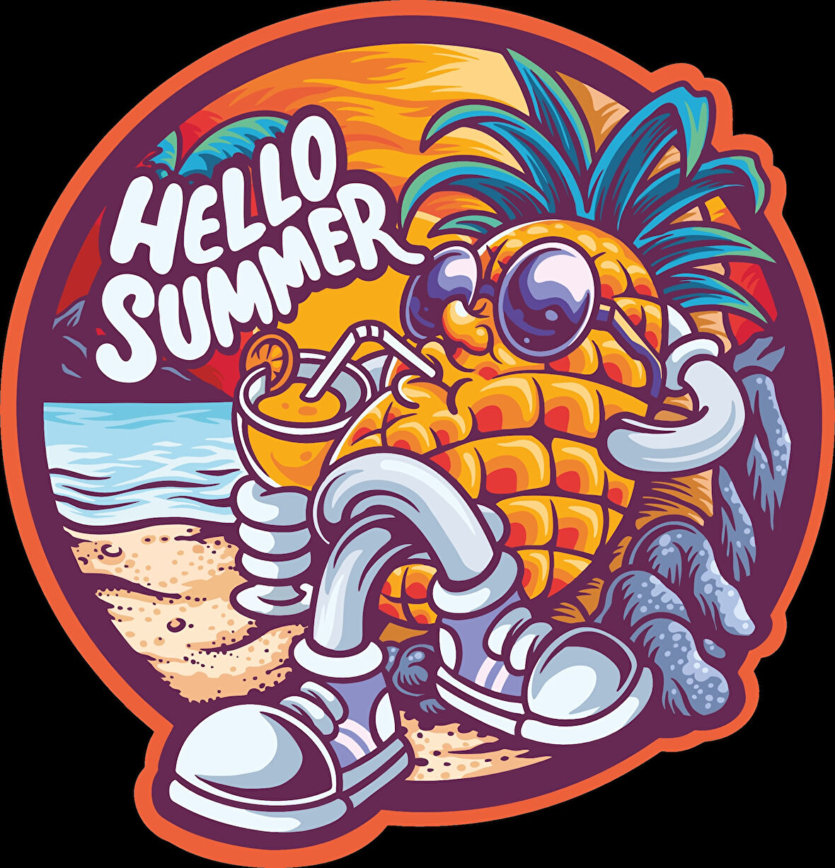 hello summer ananas sticker 10x10 cmRenkli Sticker