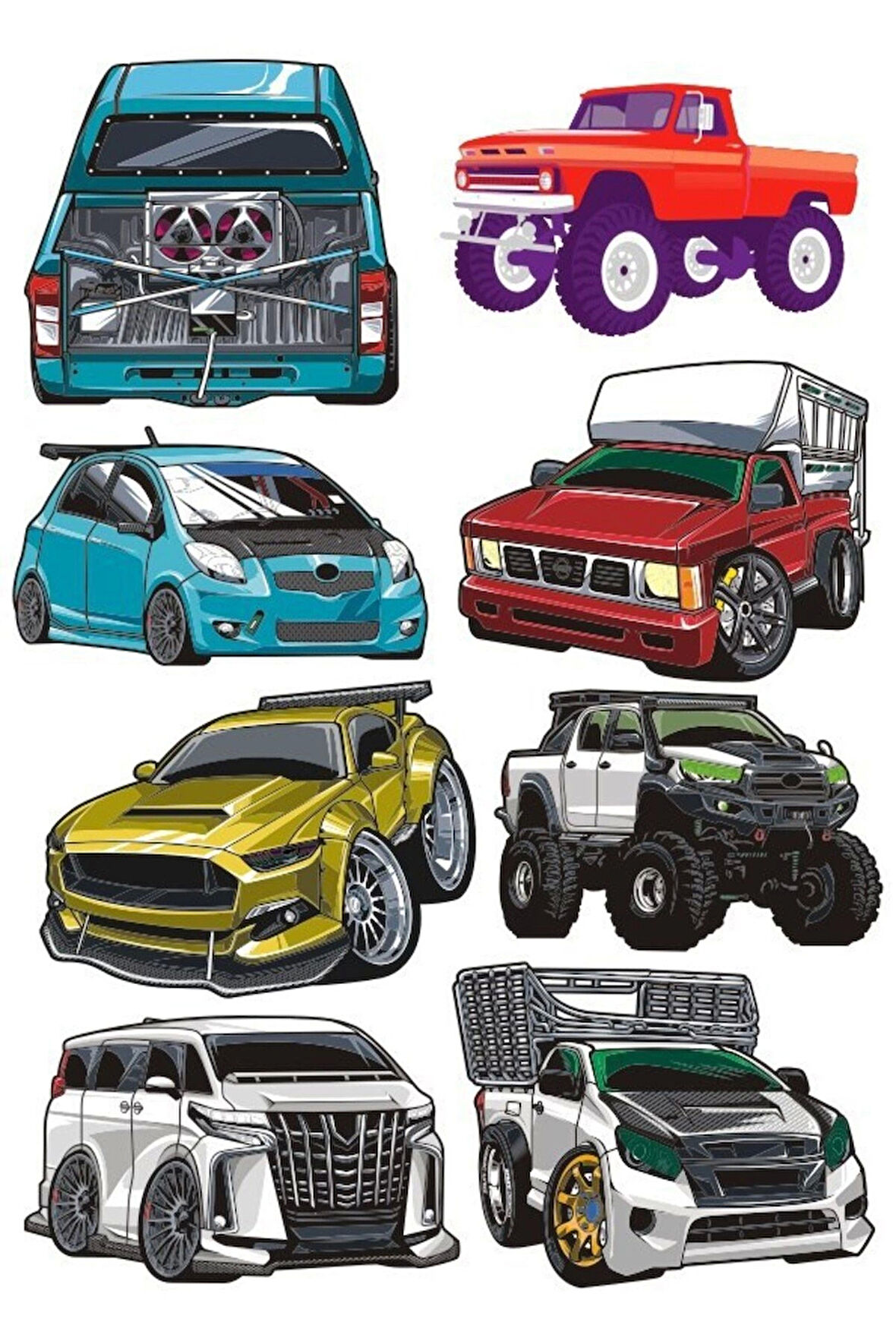 Arabalar Sticker Set-2 8 Parça Telefon, Tablet, Defter, Laptop Sticker