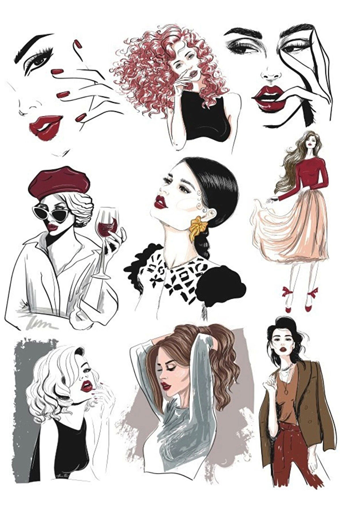 Fashion Kadın İllustrator Sticker Set-1 9 Parça Telefon, Tablet, Defter, Laptop Sticker