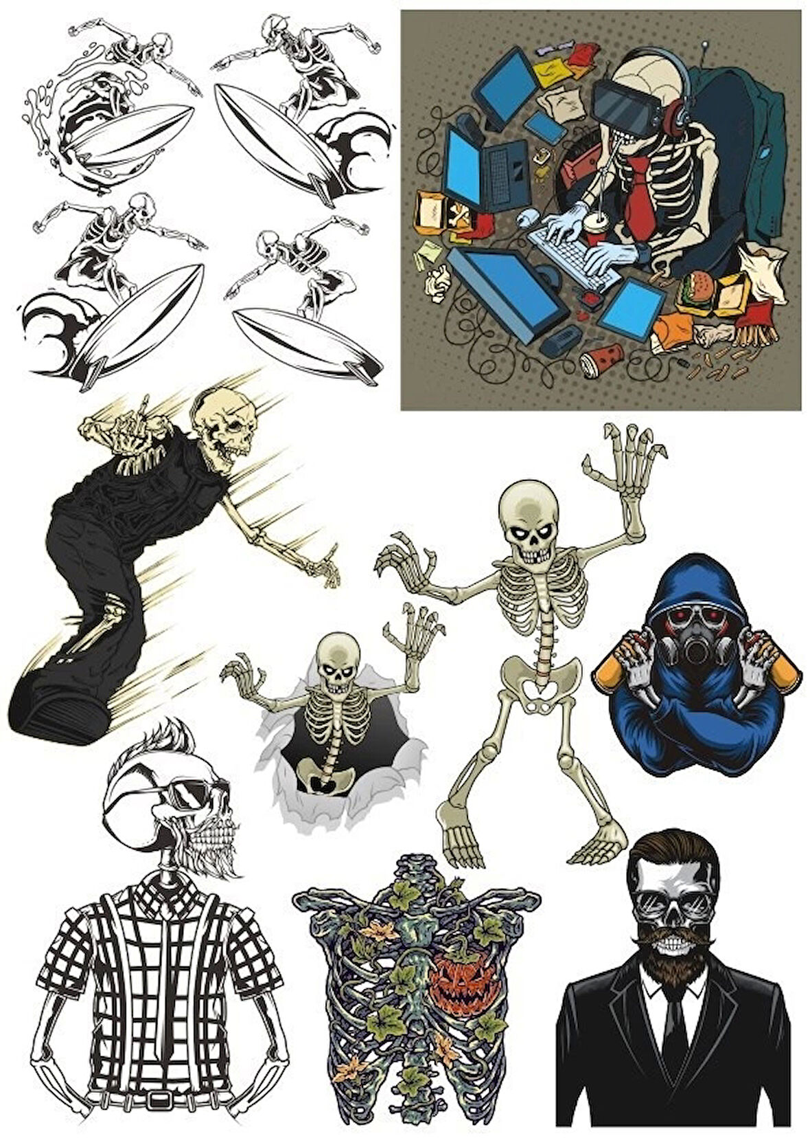 İskelet Kuru Kafa Sticker Set-2 15 Parça Telefon, Tablet, Defter, Laptop Sticker