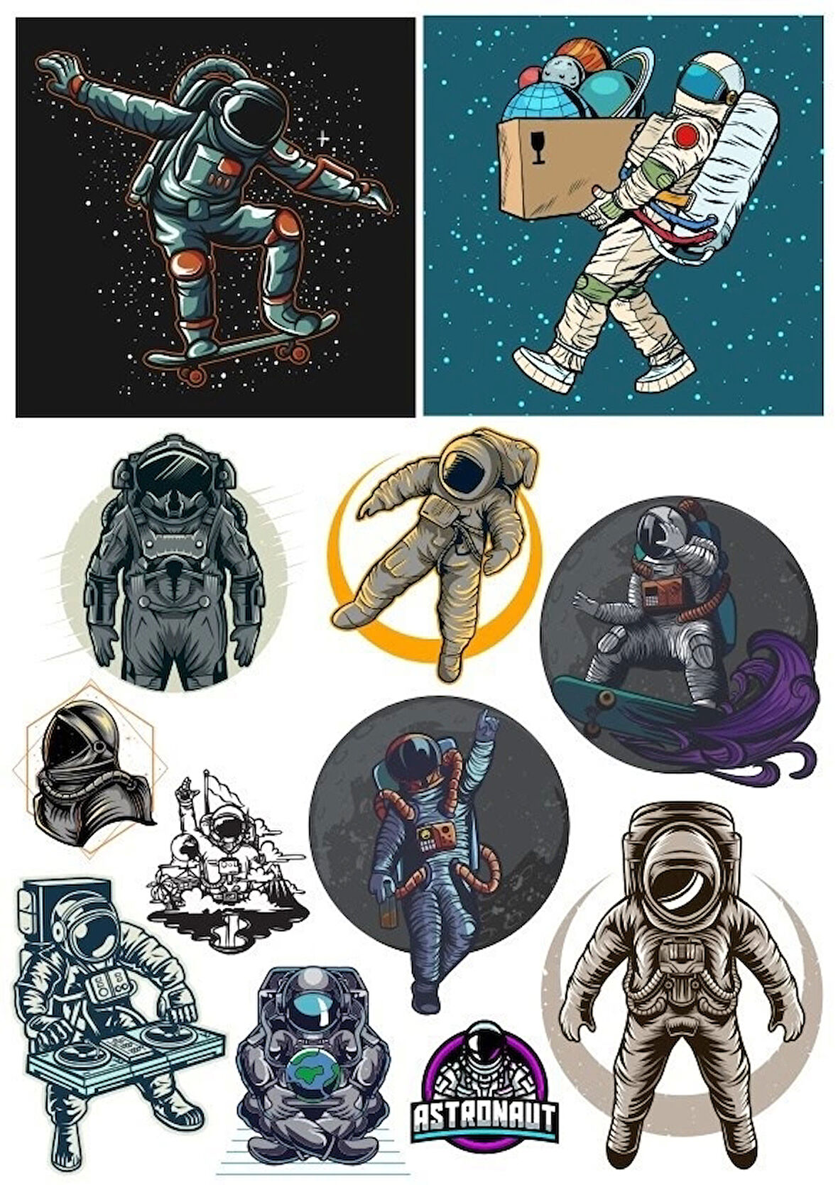 Astronot Stikcer Set-2 12 Parça Telefon, Tablet, Defter, Laptop Sticker