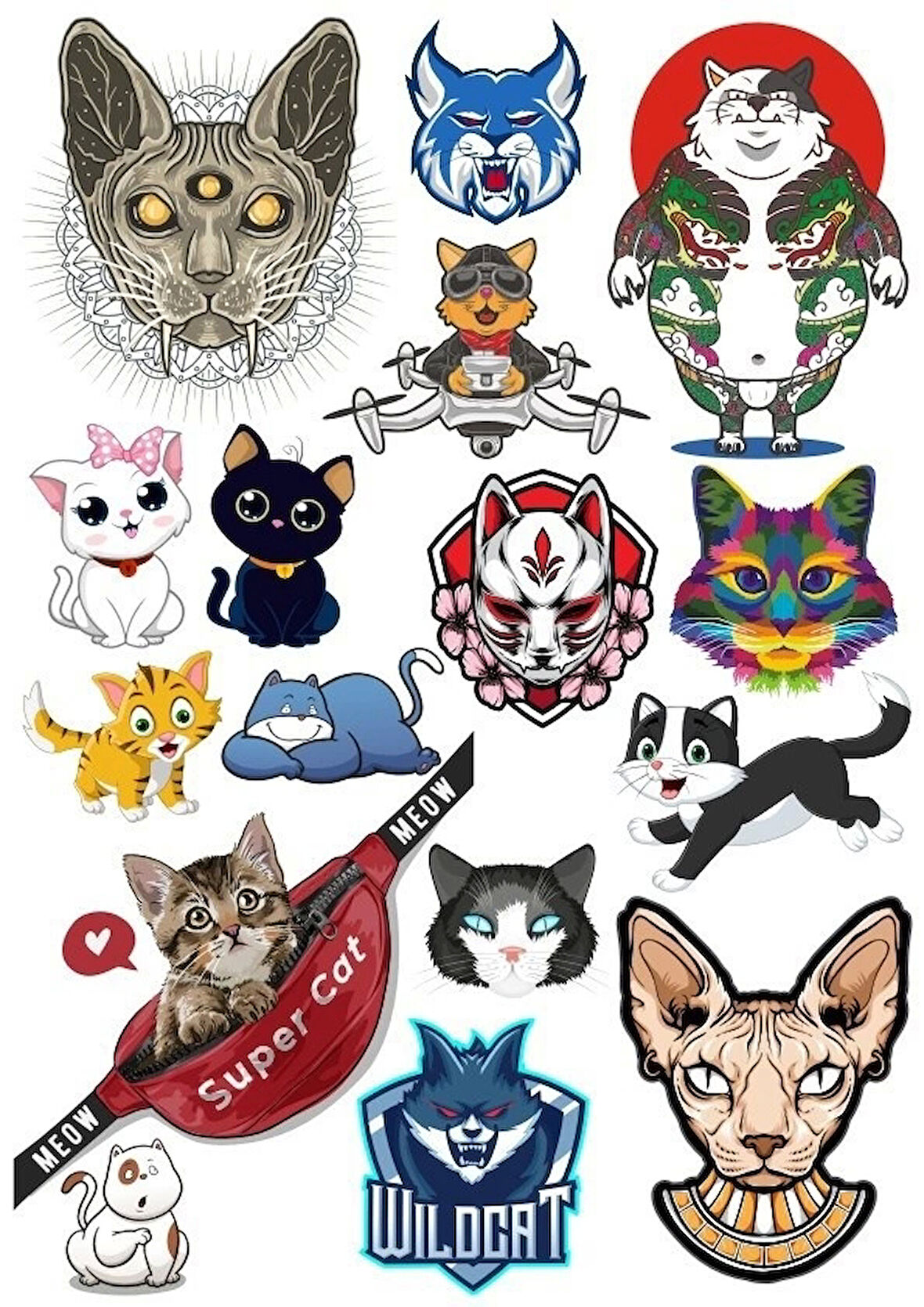 Kediler Sticker Set-6 13 Parça Telefon, Tablet, Defter, Laptop Sticker