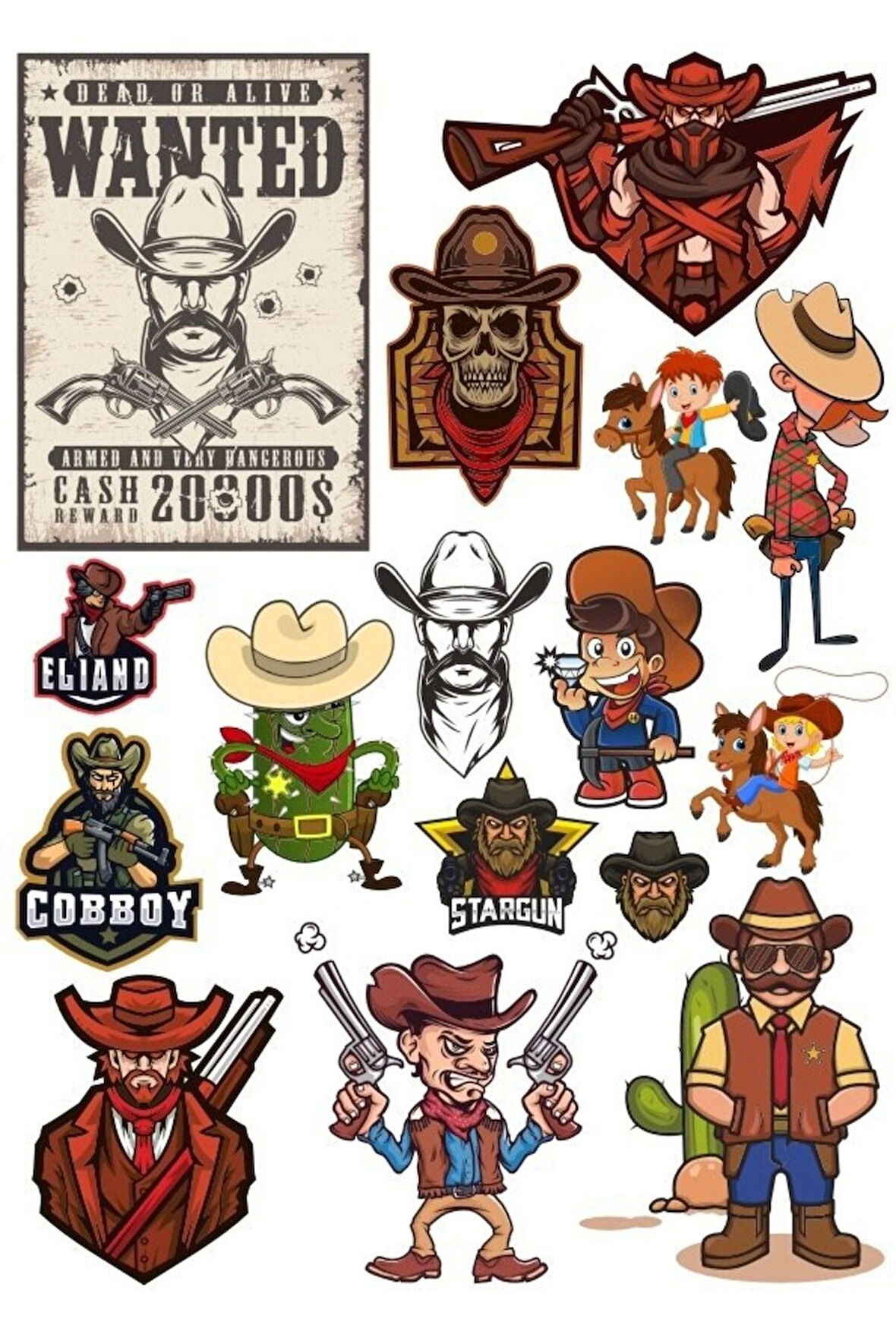 Kowboy Vahşi Batı Sticker Set-1 14 Parça Telefon, Tablet, Defter, Laptop Sticker