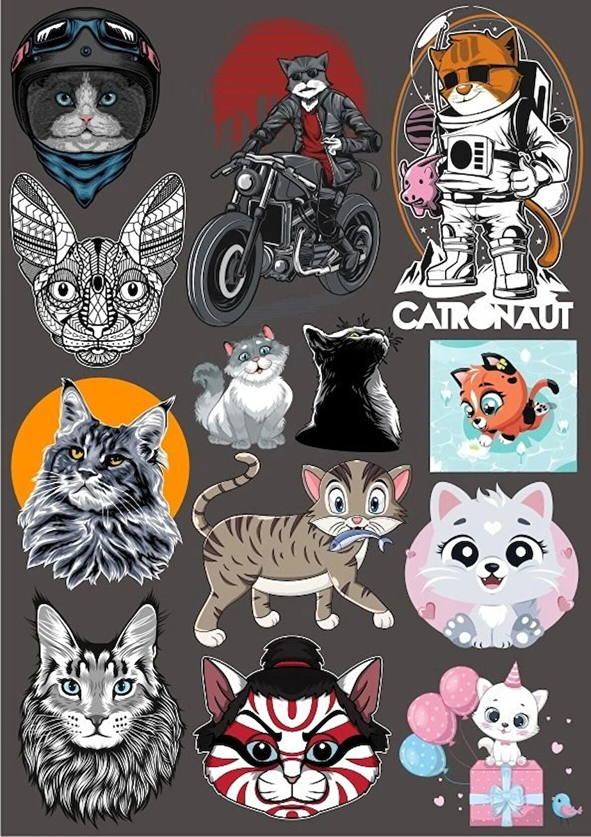 Kediler Sticker Set-16 16 Parça Telefon, Tablet, Defter, Laptop Sticker