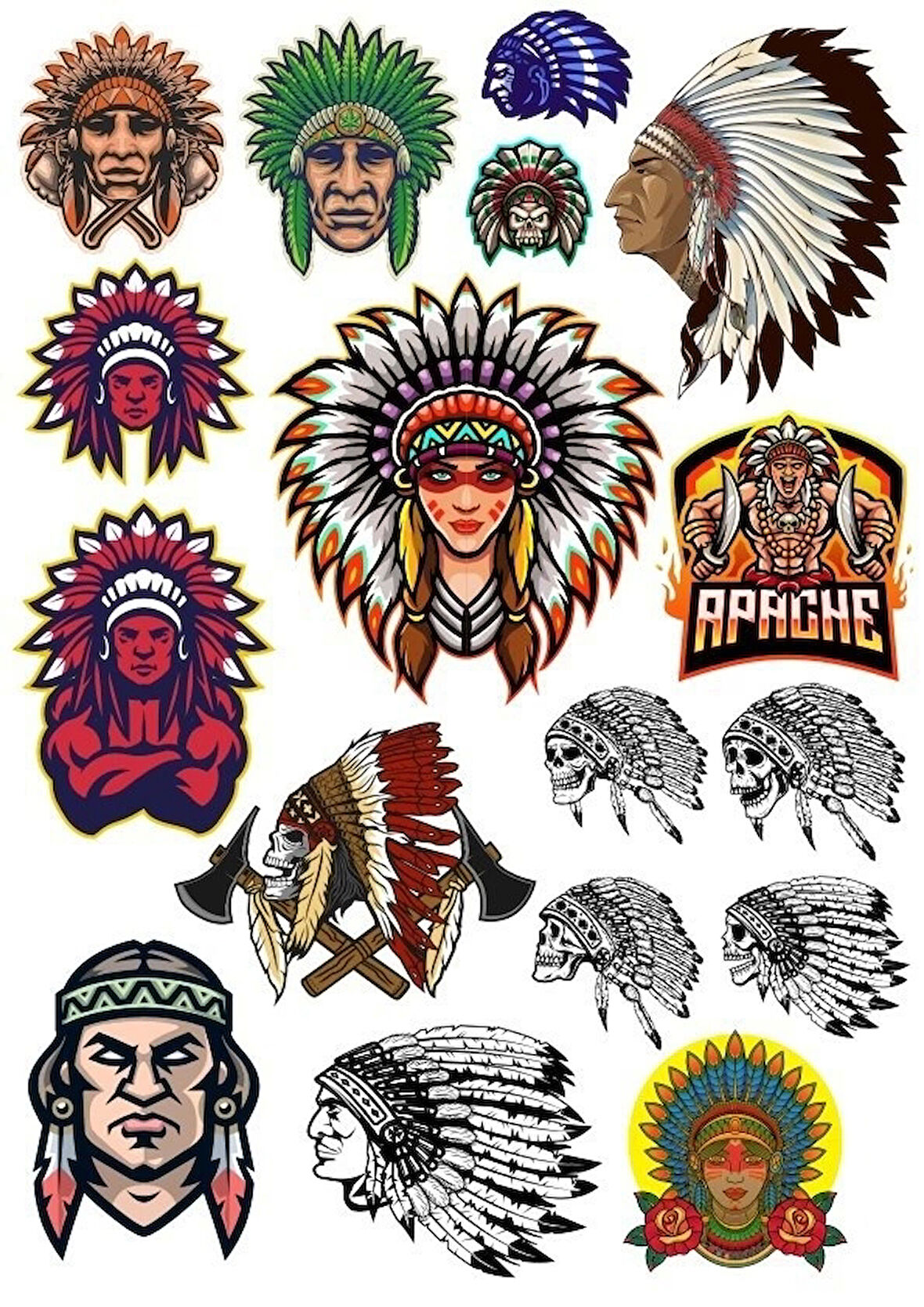 Kızıl Derili Apachi Sticker Set-4 15 Parça Telefon, Tablet, Defter, Laptop Sticker