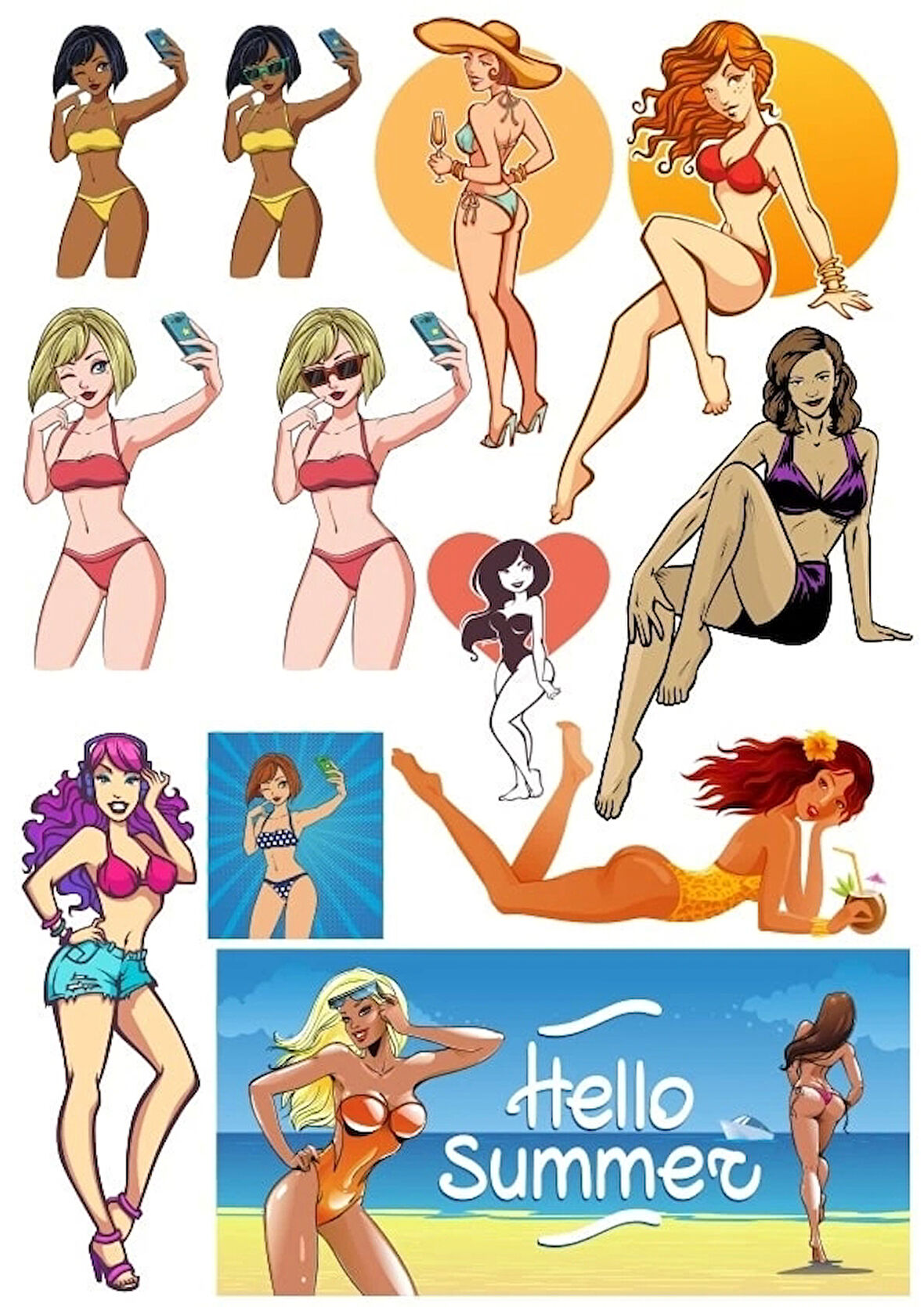 Hello Summer Sticker Set 1 13 Parça Telefon, Tablet, Defter, Laptop Sticker