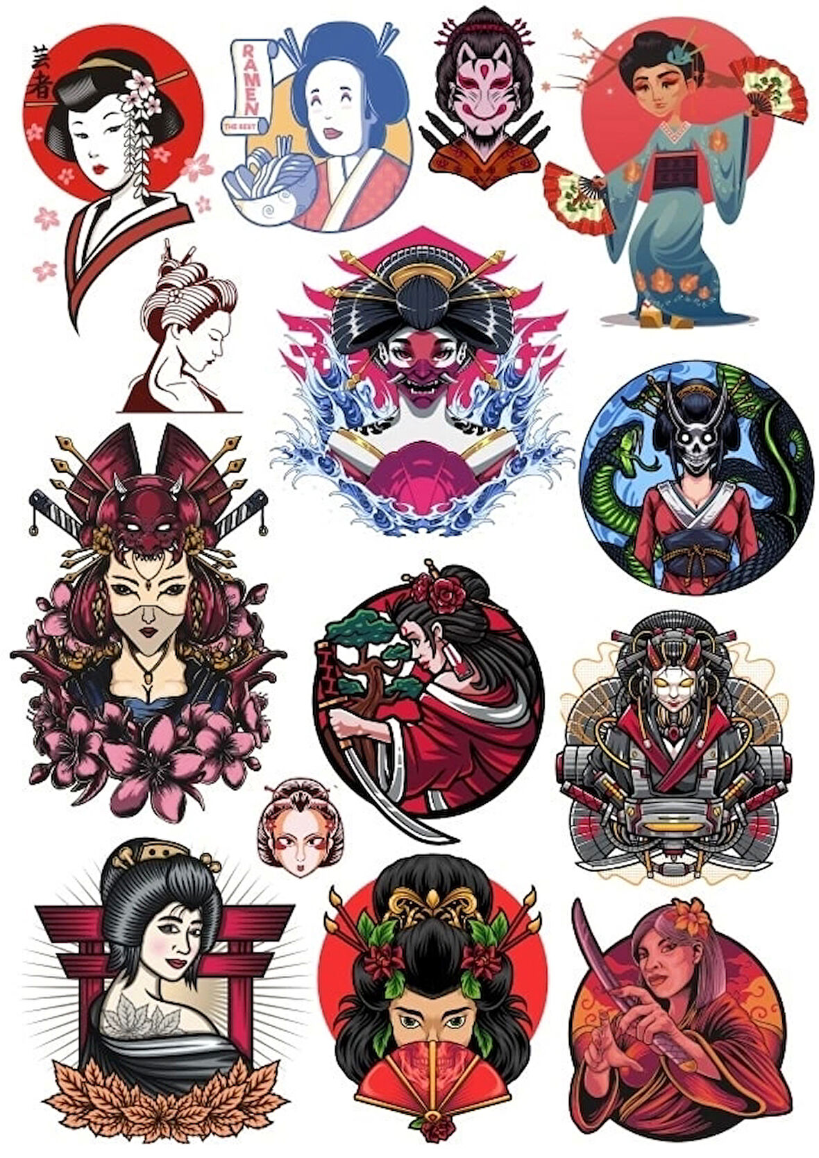 Japon Kadınları Sticker Set 15 Parça Telefon, Tablet, Defter, Laptop Sticker