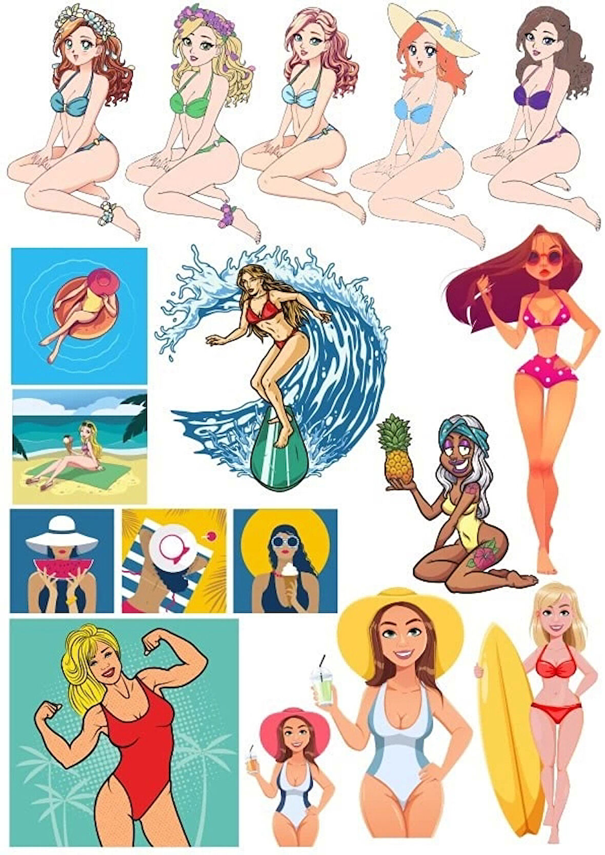 Retro Kadın Sticker Set 2 15 Parça Telefon, Tablet, Defter, Laptop Sticker