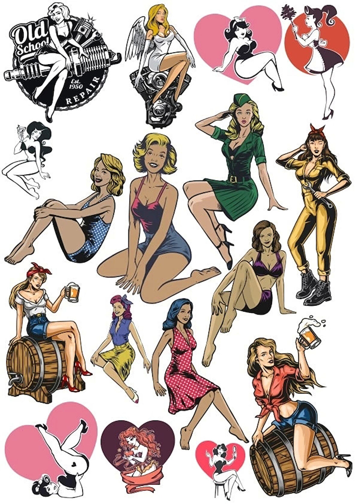 Retro Kadın Sticker Set 16 Parça Telefon, Tablet, Defter, Laptop Sticker