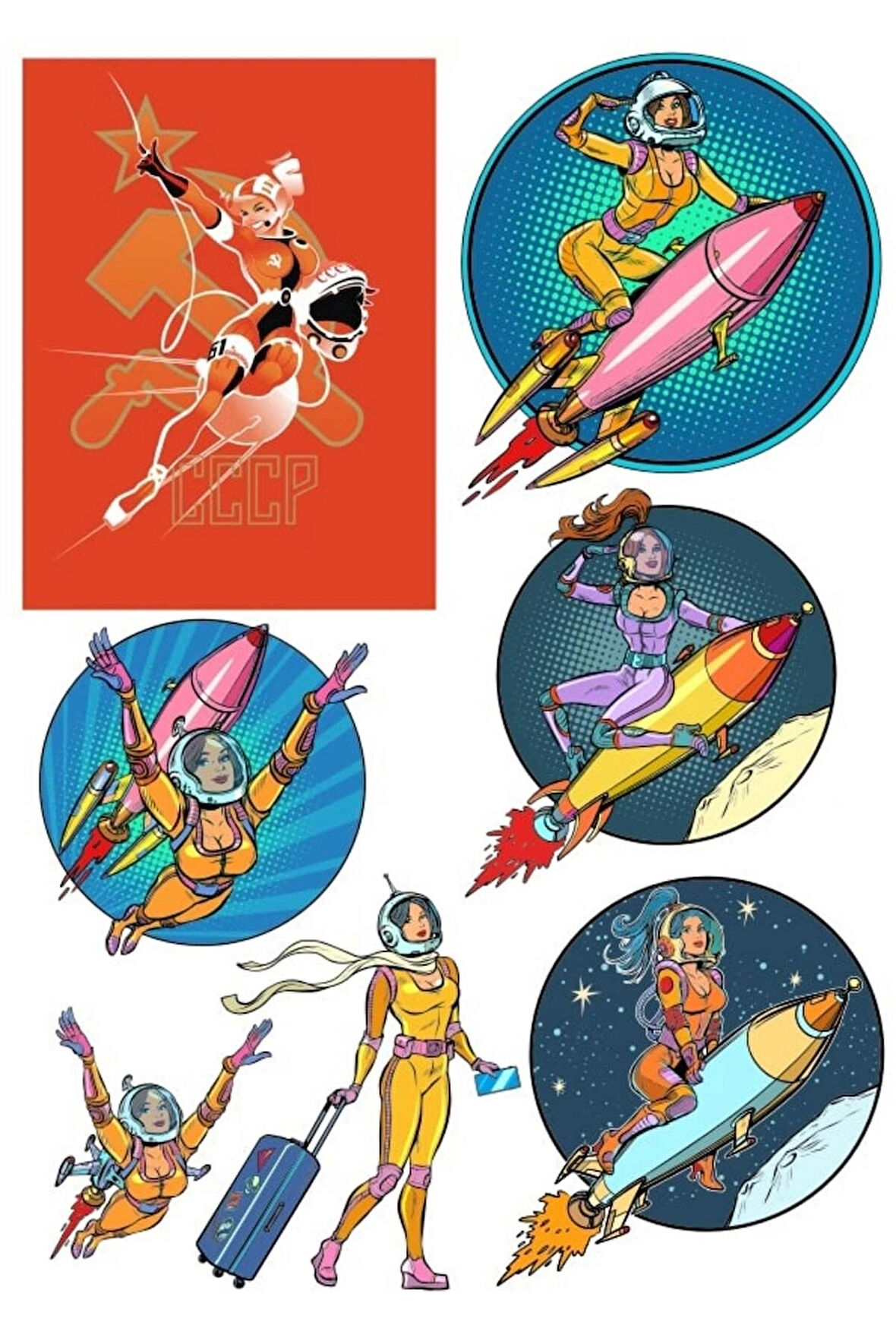 Astronot Kadın Sticker Set 2 7 Parça Telefon, Tablet, Defter, Laptop Sticker