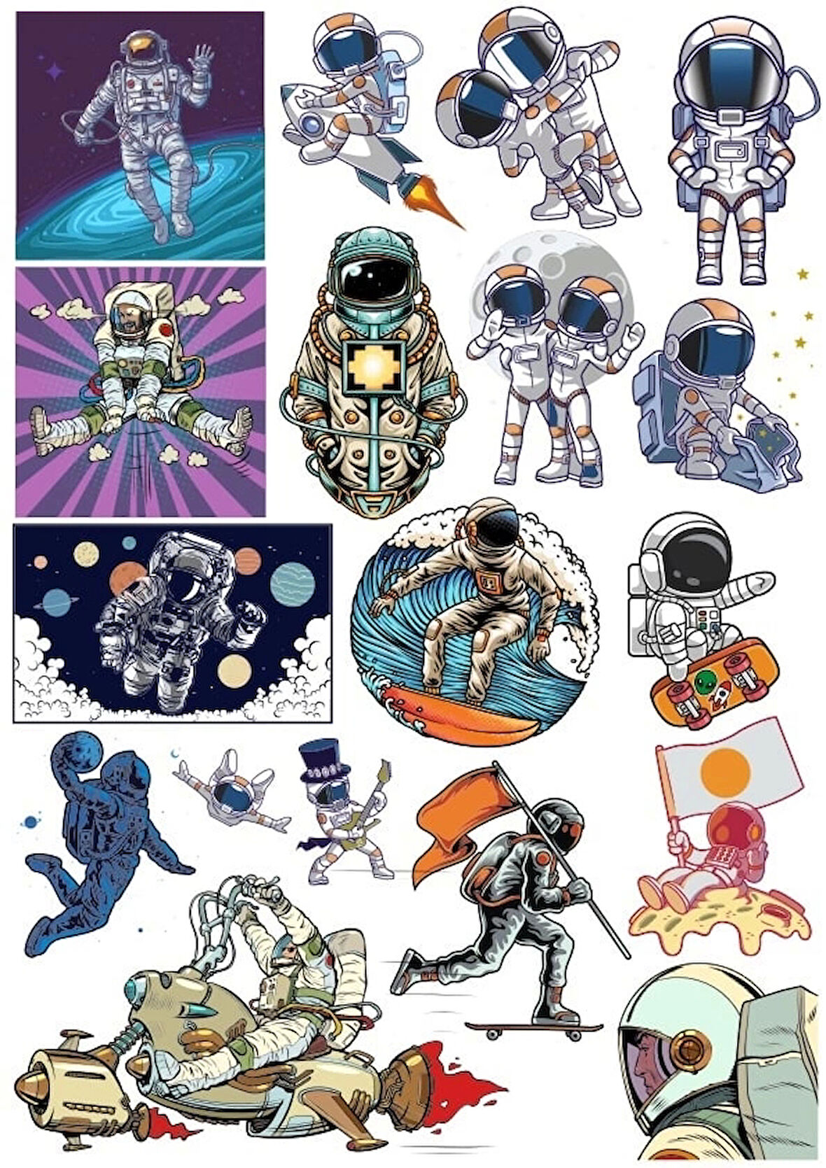 Retro Astronot Sticker Set 3 18 Parça Telefon, Tablet, Defter, Laptop Sticker