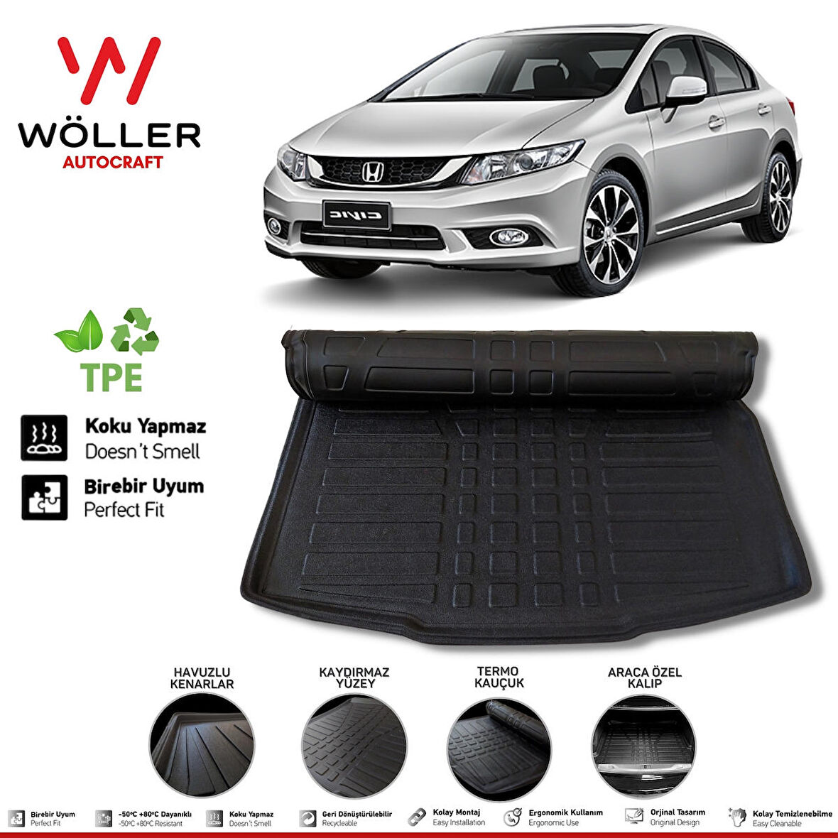 Honda Civic FB7 Bagaj Havuzu 2012 2016 Arası 3D Wöller Ultraflex Esnek