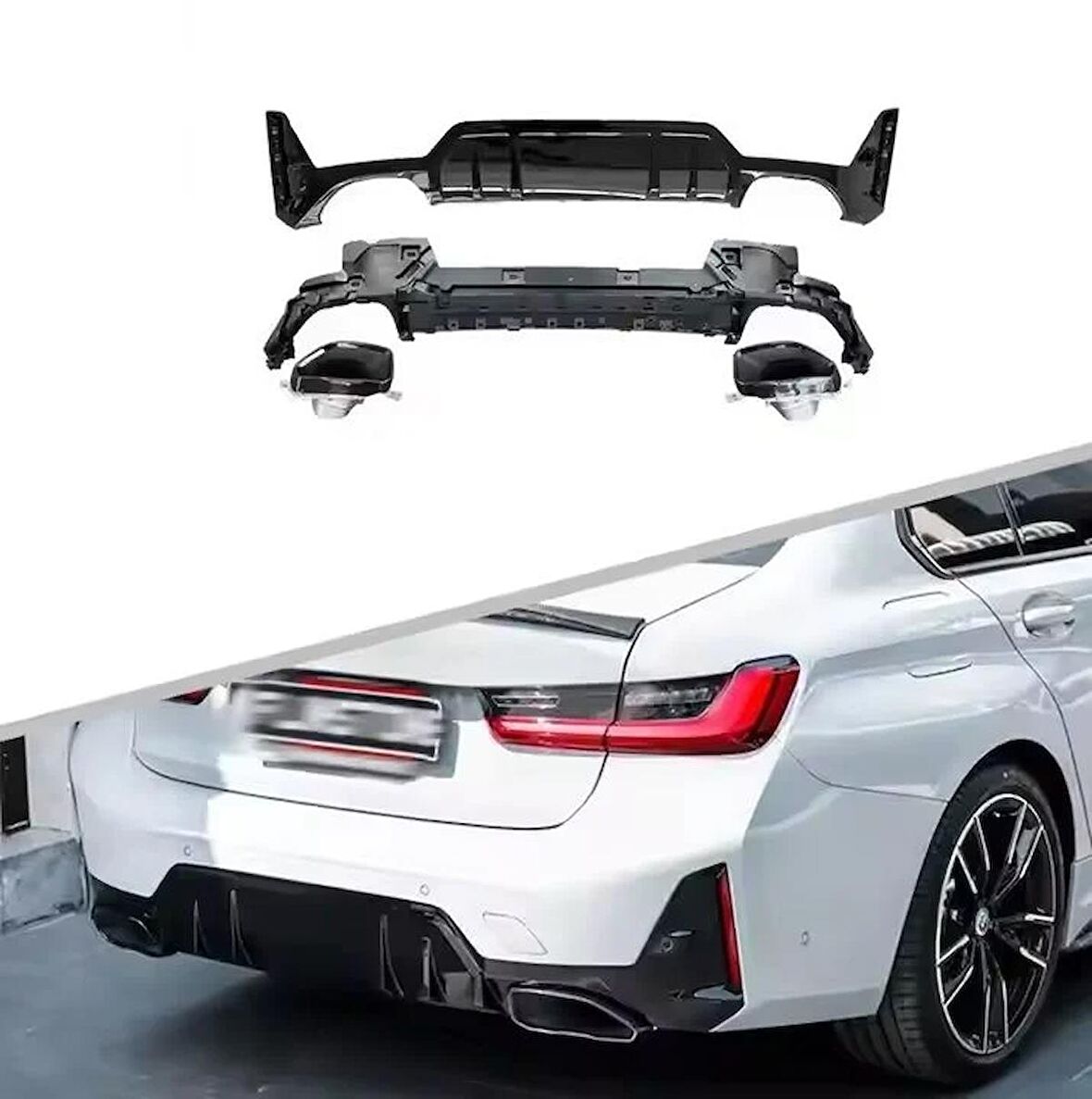Bmw g20 lci 340 arka tampon difüzörü ve egzoz ucu seti m performance 2022+